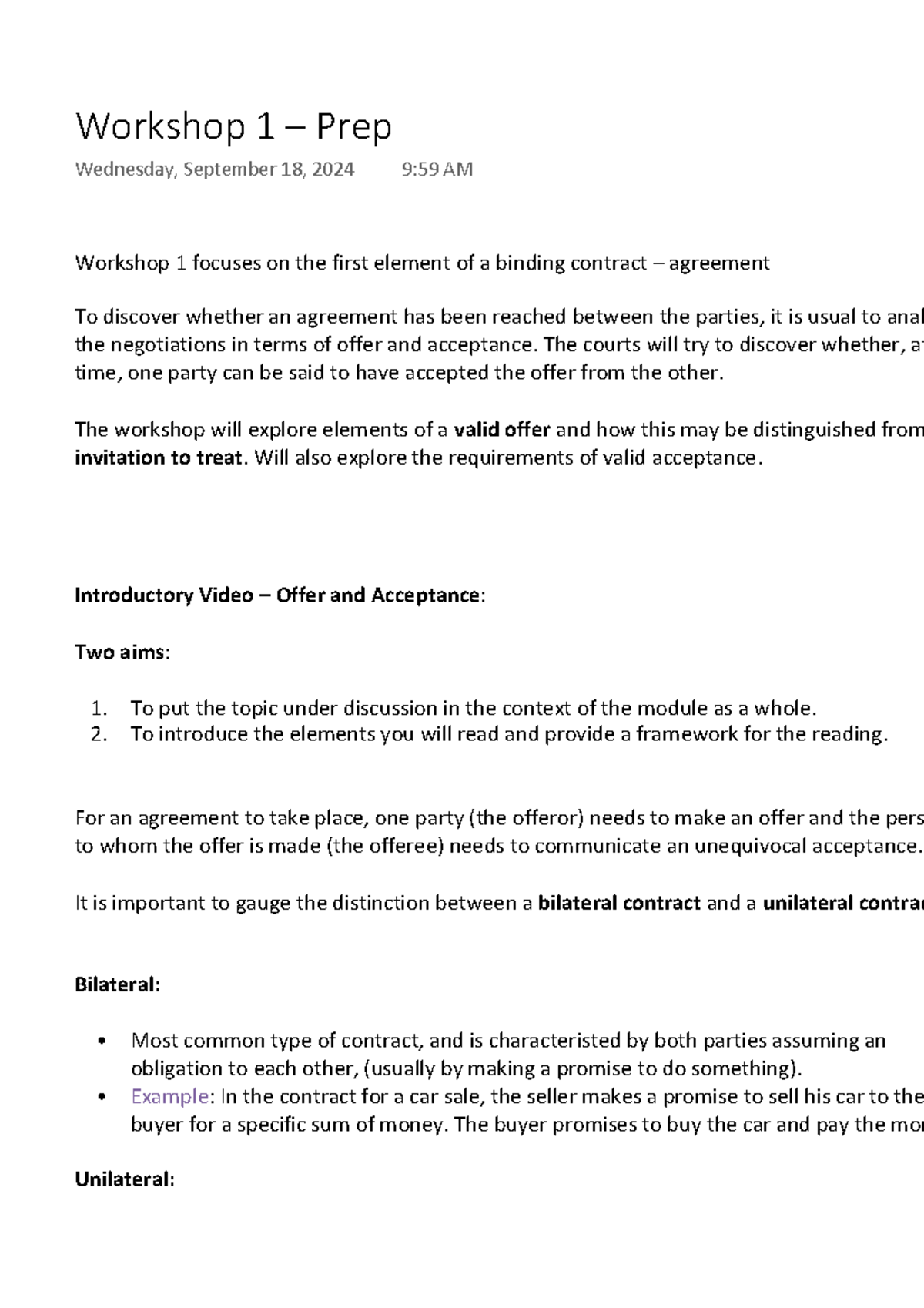 Workshop 1 Prep: Understanding Offer and Acceptance in Contracts - Studocu
