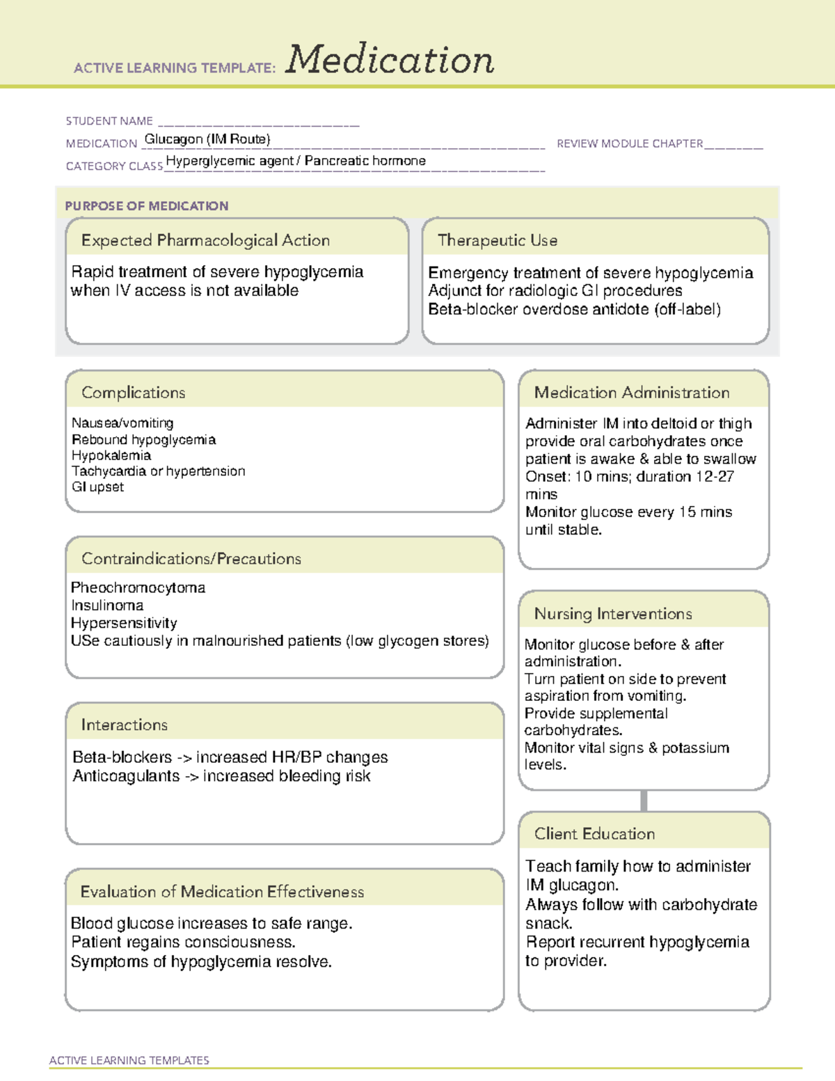 ACTIVE LEARNING TEMPLATE: Glucagon (IM Route) Review Module - Studocu
