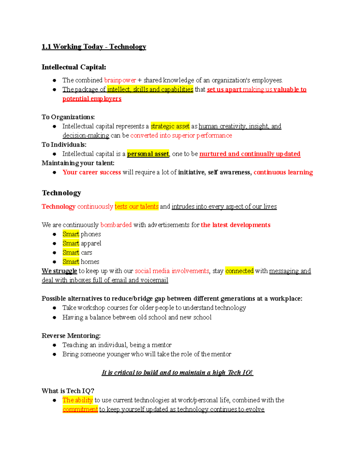 Lecture 1 Notes - 1 Working Today - Technology Intellectual Capital ...