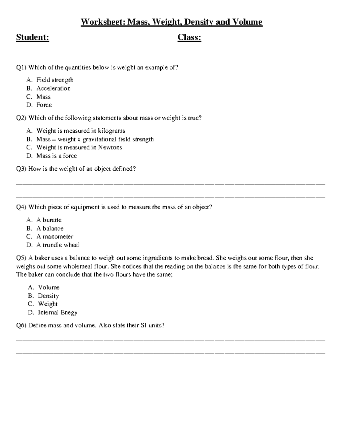 Worksheet M W D V - yes - Worksheet: Mass, Weight, Density and Volume ...