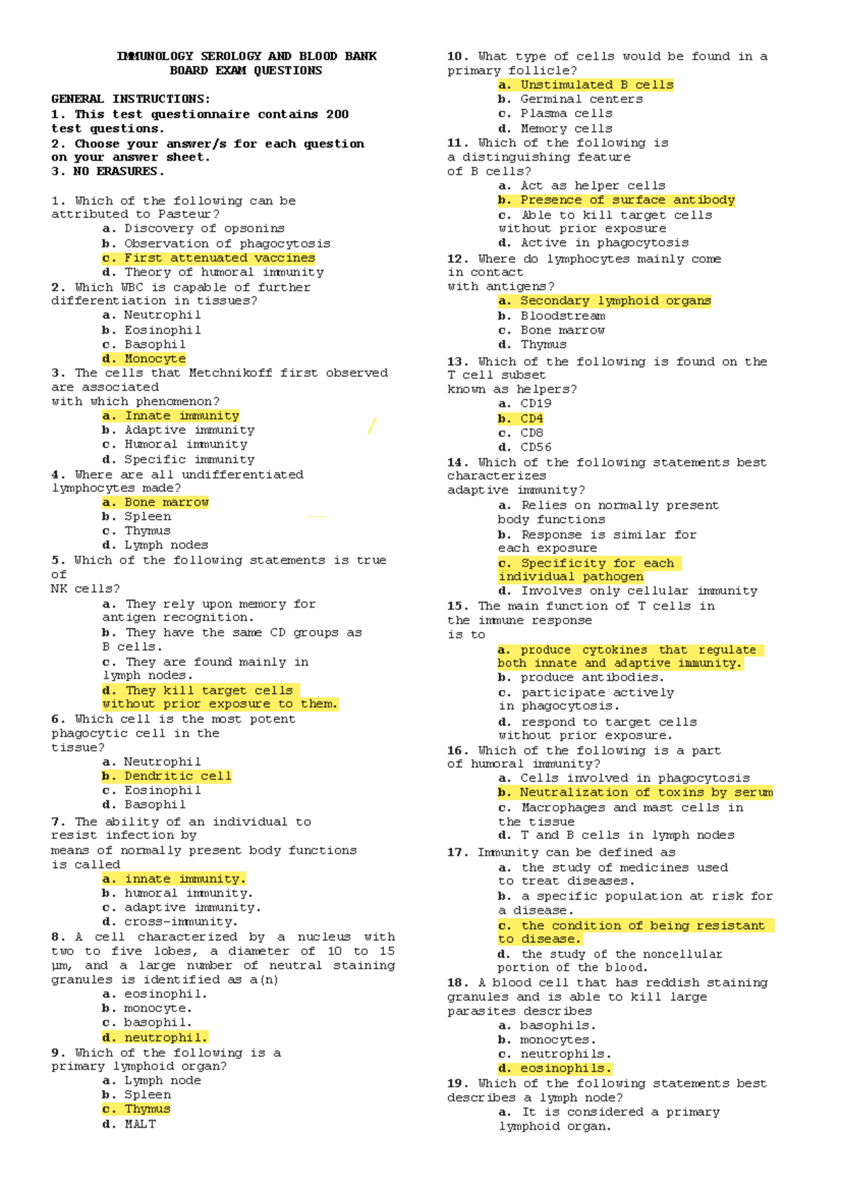 Immunology and Serology: Board Exam Questions for Blood Banking - Studocu