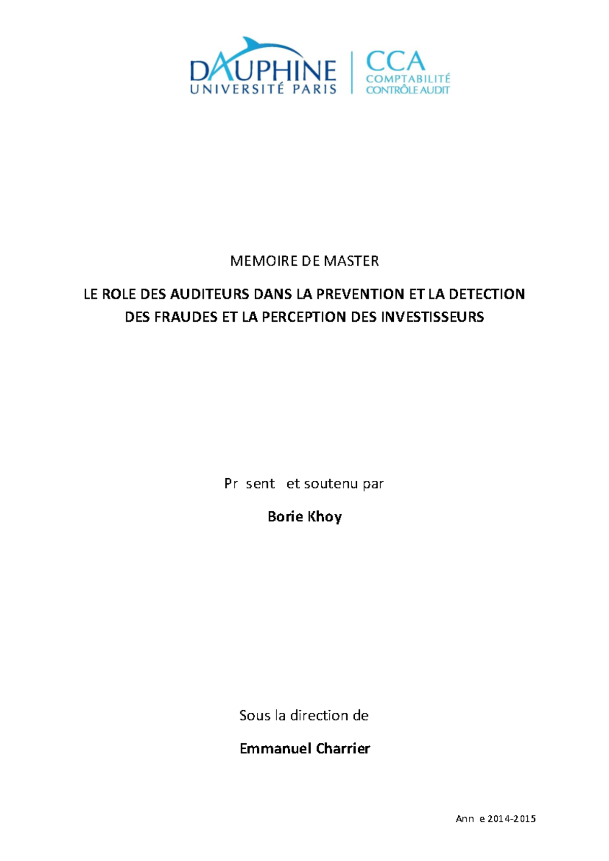 [MFE] Rôle des auditeurs - Année 2014- MEMOIRE DE MASTER LE ROLE DES ...