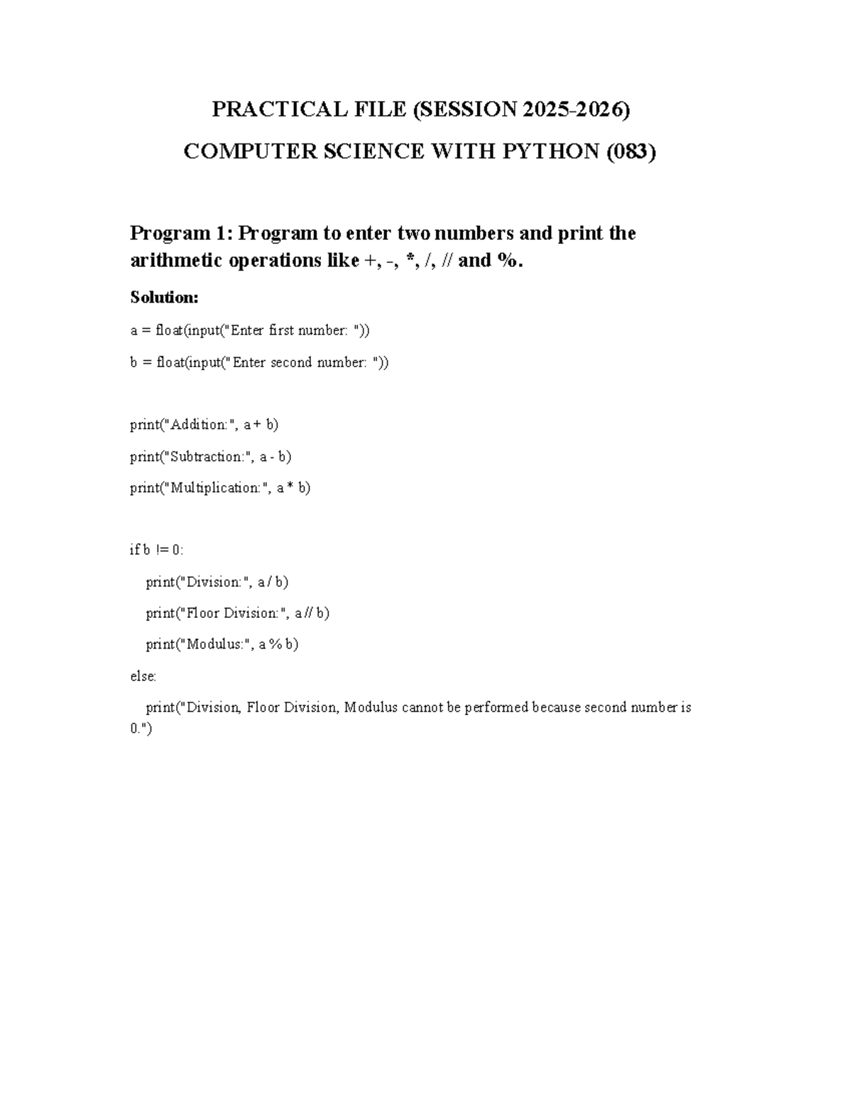 PRACTICAL FILE (CS PYTHON 083) - Programming Exercises and Solutions ...