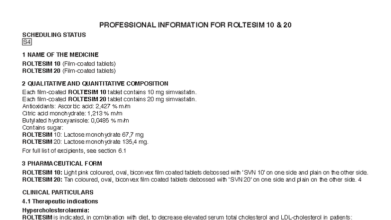 ROLTESIM 10 & 20 - Pharmaceutical Notes and Information - Studocu