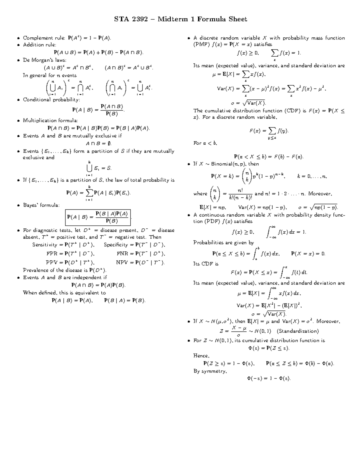 STA 2392 Midterm 1 Probability and Statistics Formula Sheet - Studocu