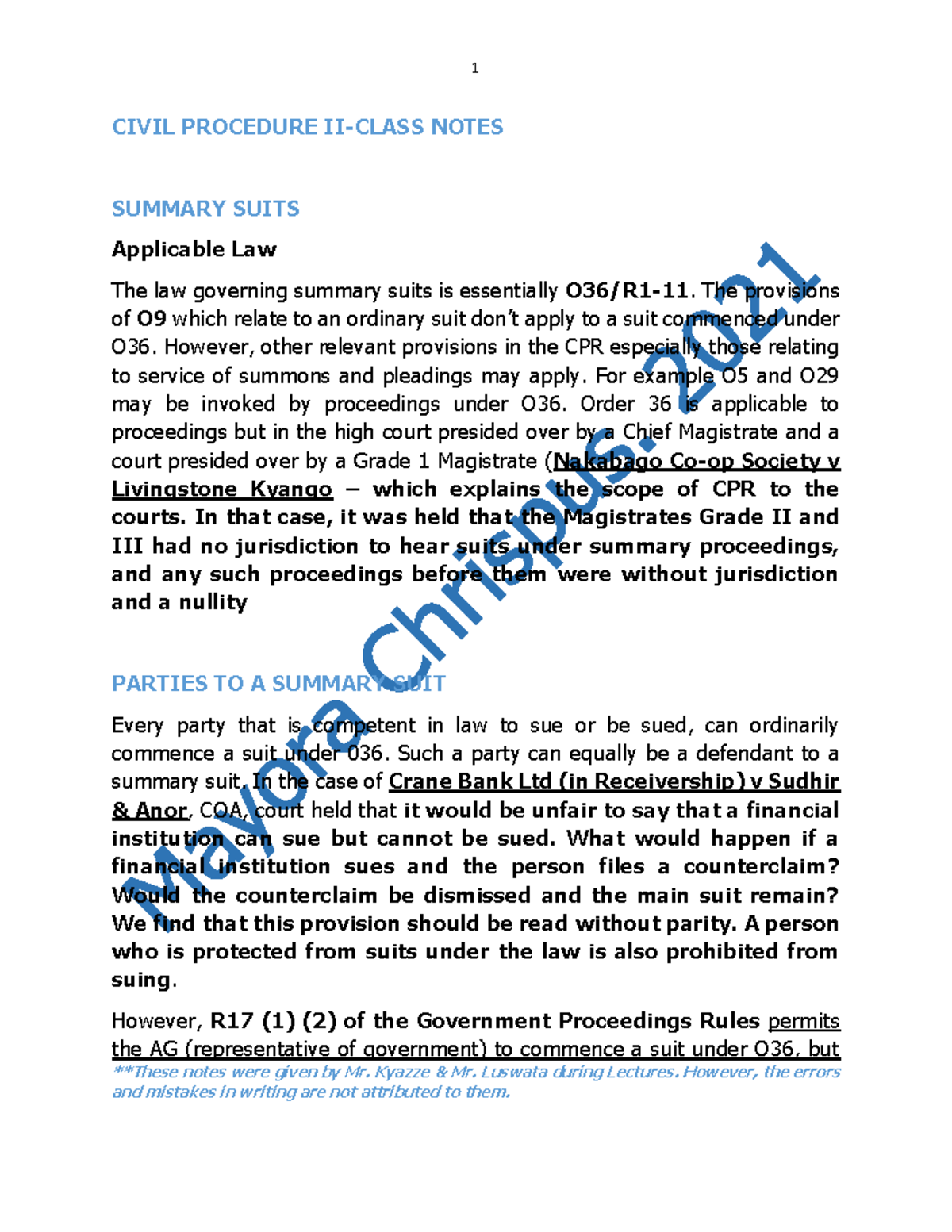 CIVIL PROCEDURE II: Summary Suits and Applicable Law Notes - Studocu