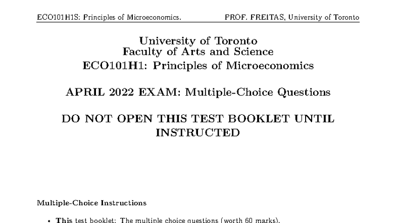 ECO101H1S: Principles of Microeconomics APRIL 2022 FINAL EXAM Questions ...