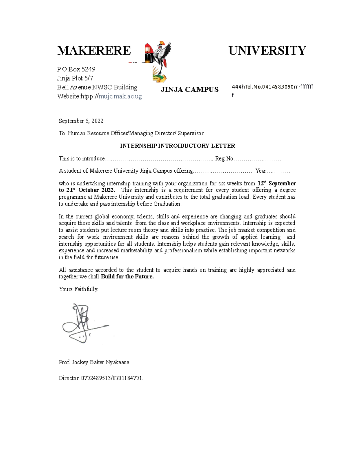 Internship Introduction letter - September 5, 2022 To Human Resource ...