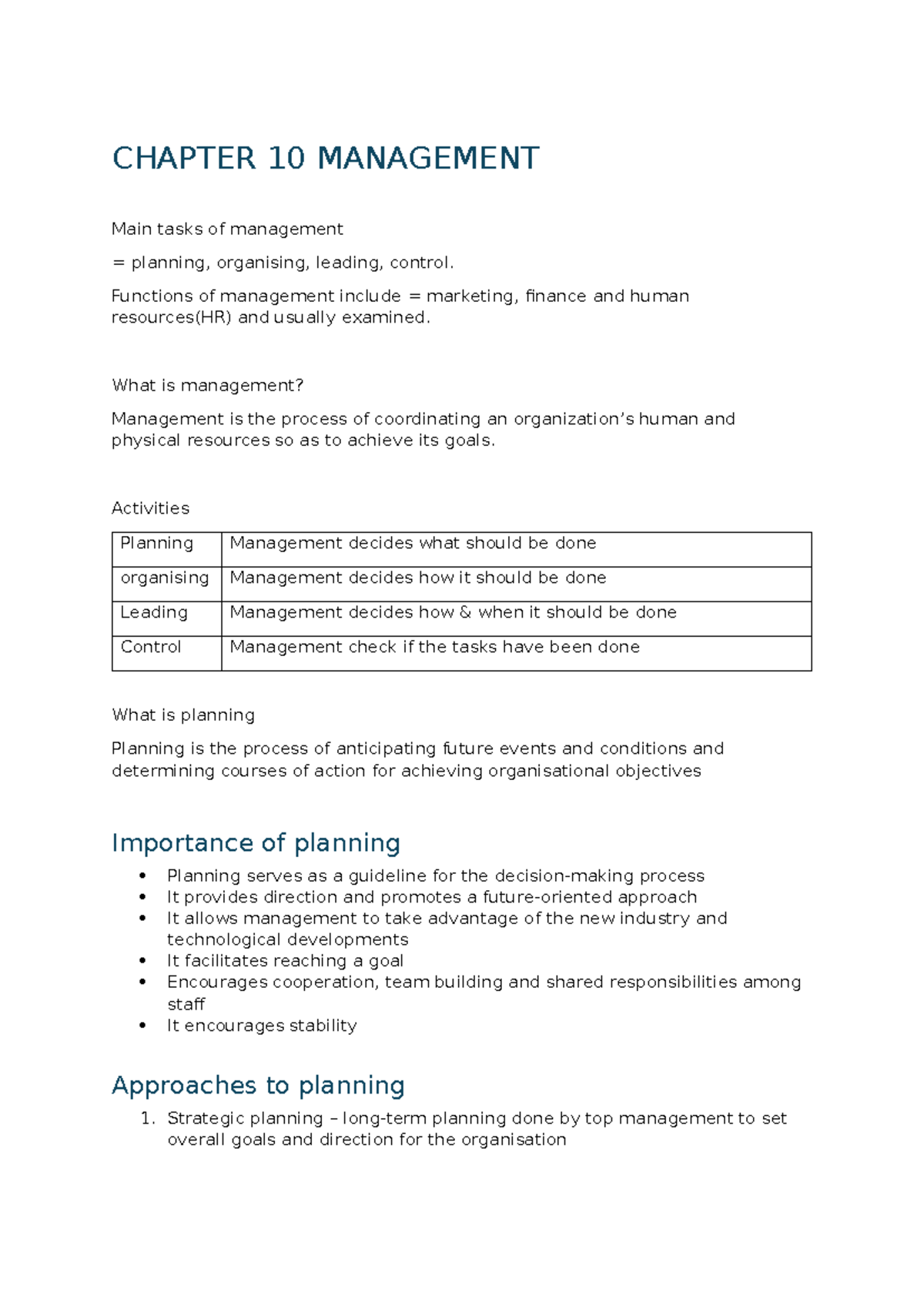 TOM2001 CHAPTER 10 MANAGEMENT: Key Concepts & Planning Processes - Studocu