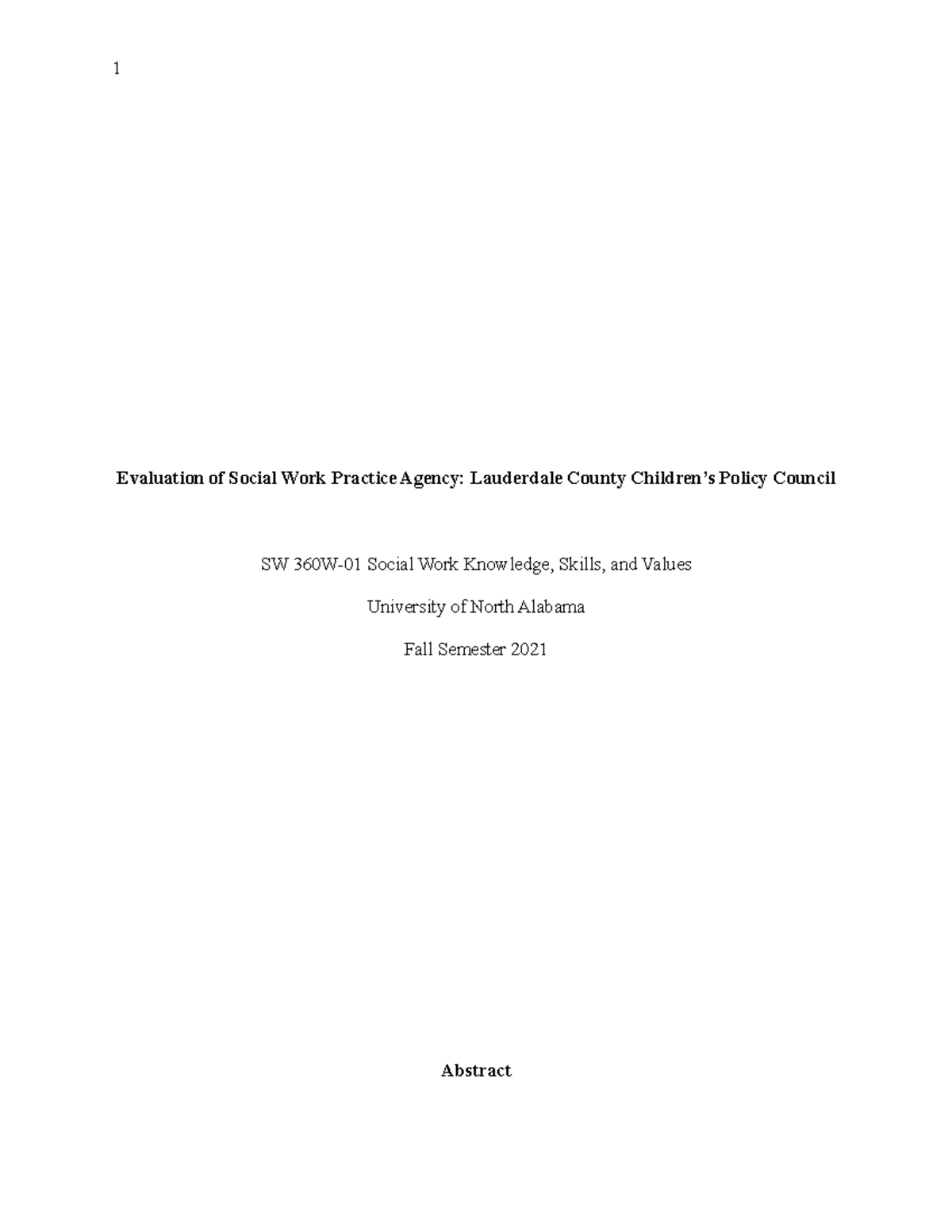 SW 360 APA Paper - Evaluation of Social Work Practice Agency ...