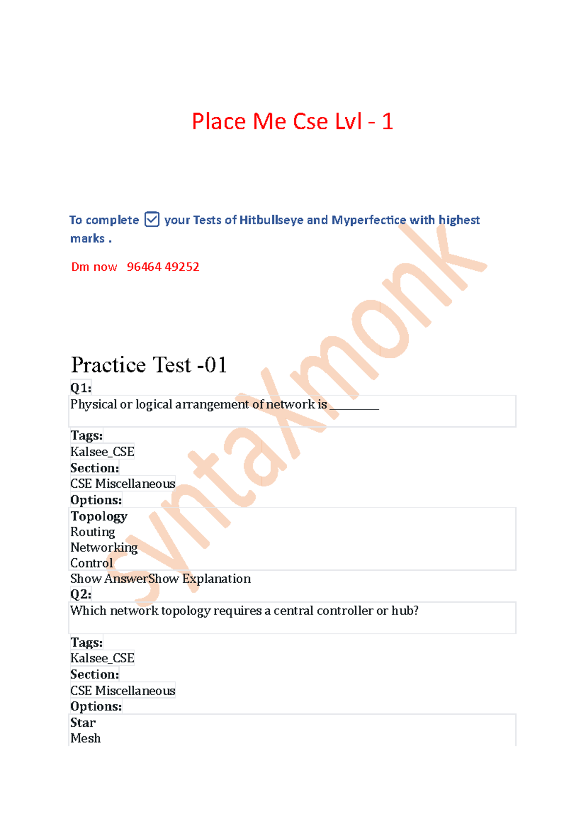 CSE101 Placemecse Level 1 Complete Test Collection - Studocu