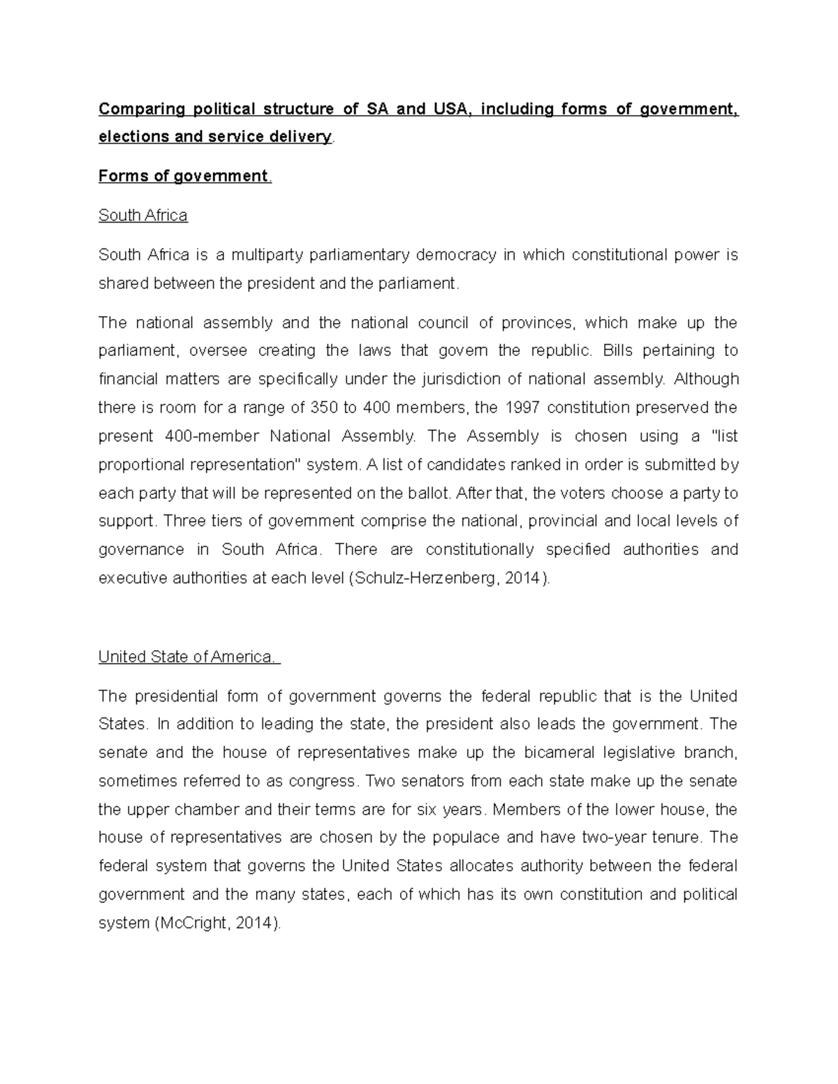 Comparative Study of Political Structures: SA vs USA - PADM322 - Studocu