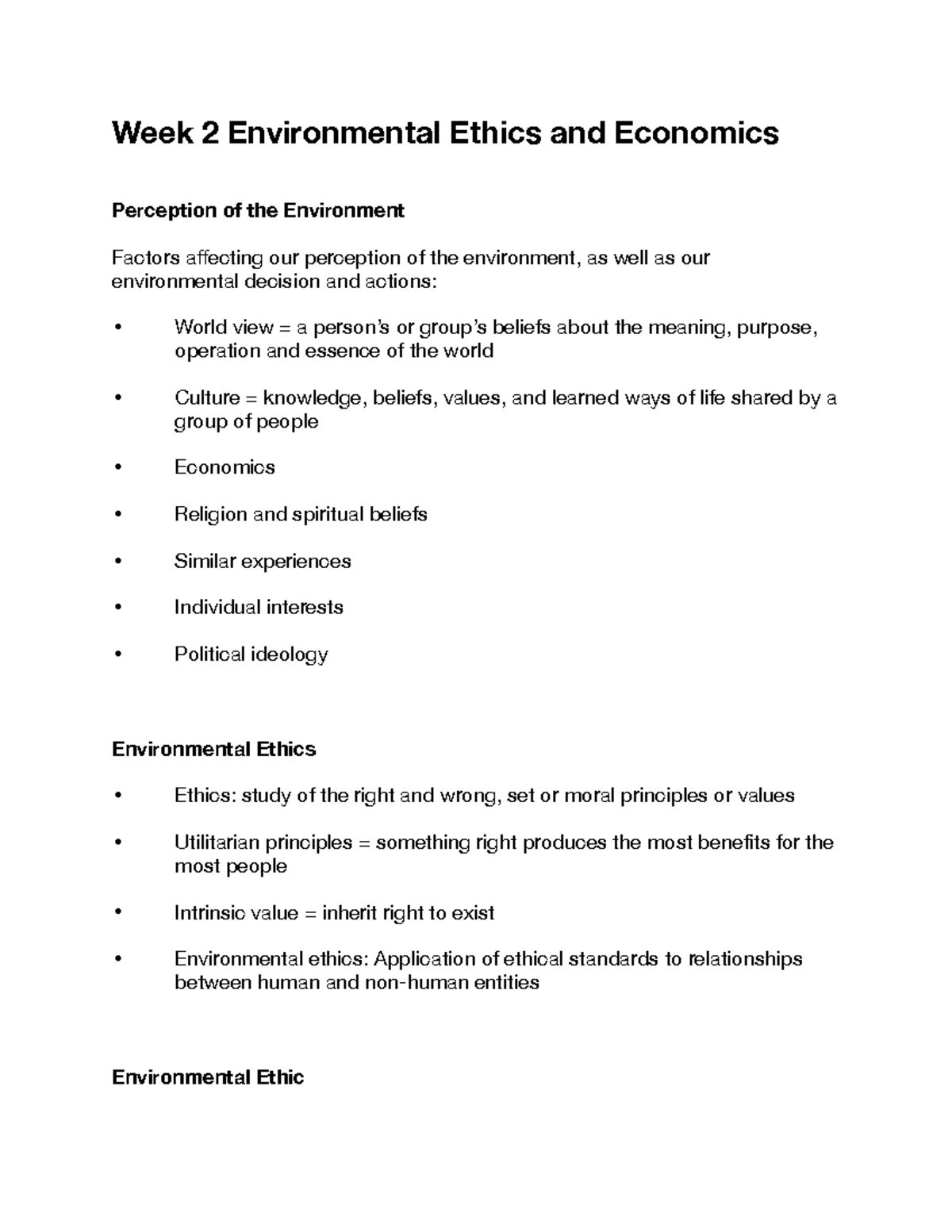 Environmental Studies: Week 2 Notes on Ethics and Economics - Studocu