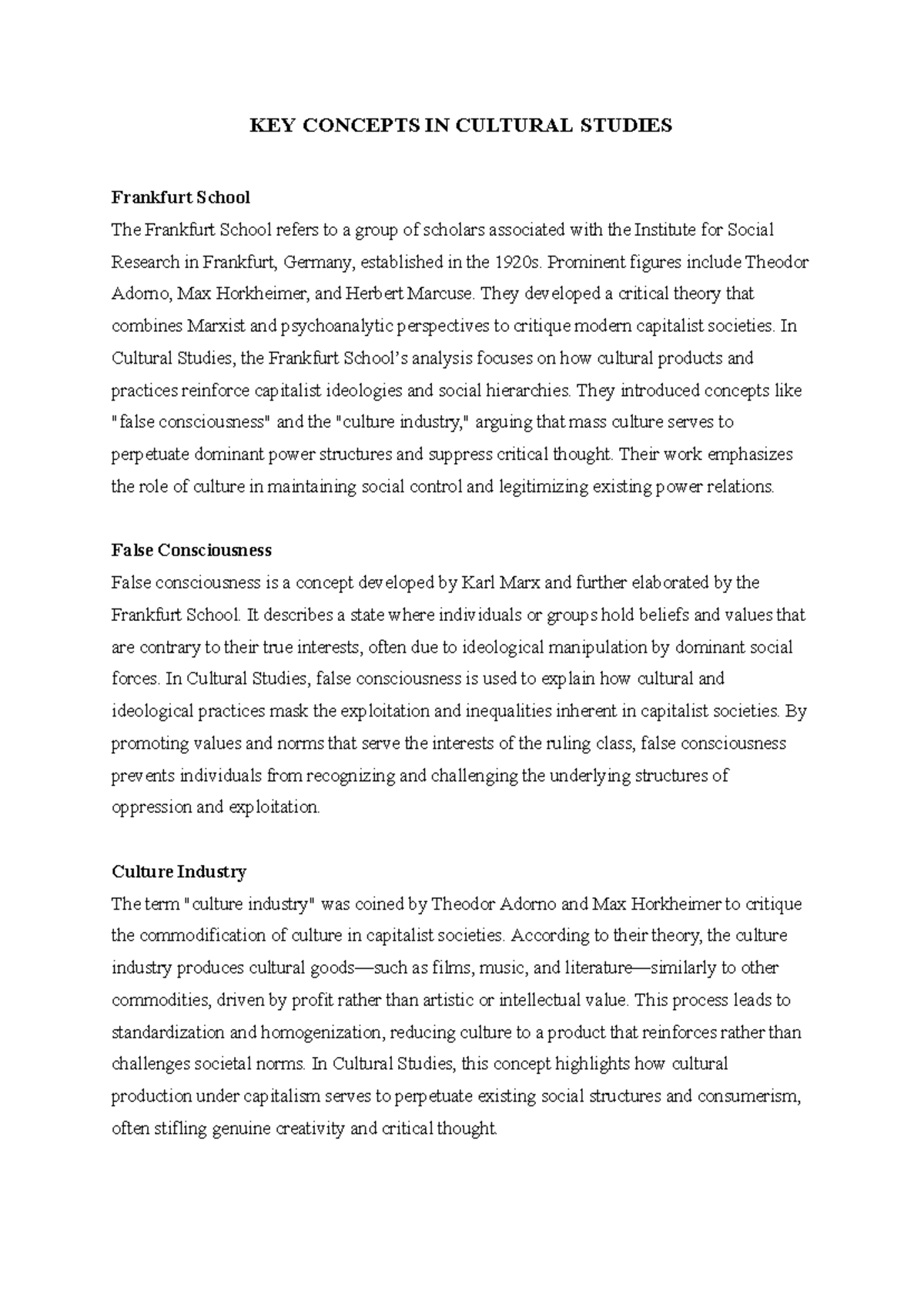KEY CONCEPTS IN CULTURAL STUDIES: Frankfurt & Birmingham Schools - Studocu