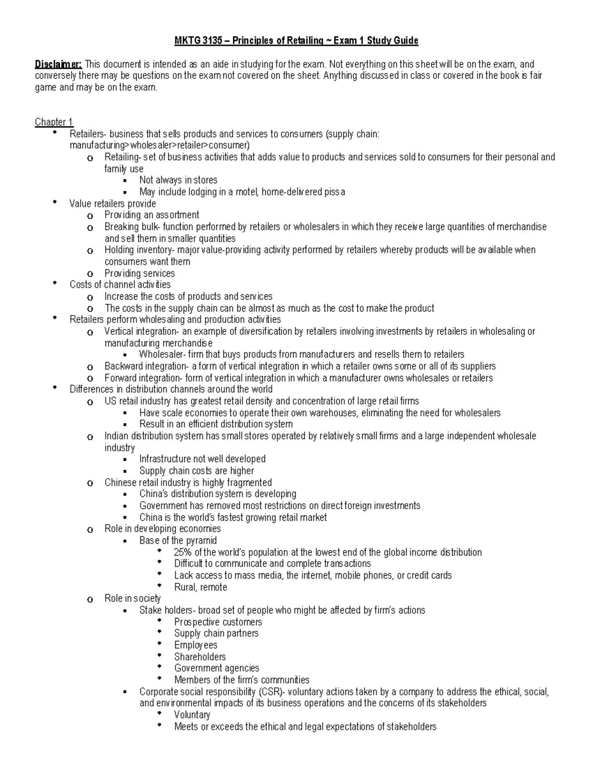 Final Exam Study Guide (C12-14) - MKTG 3135 – Principles of Retailing ...