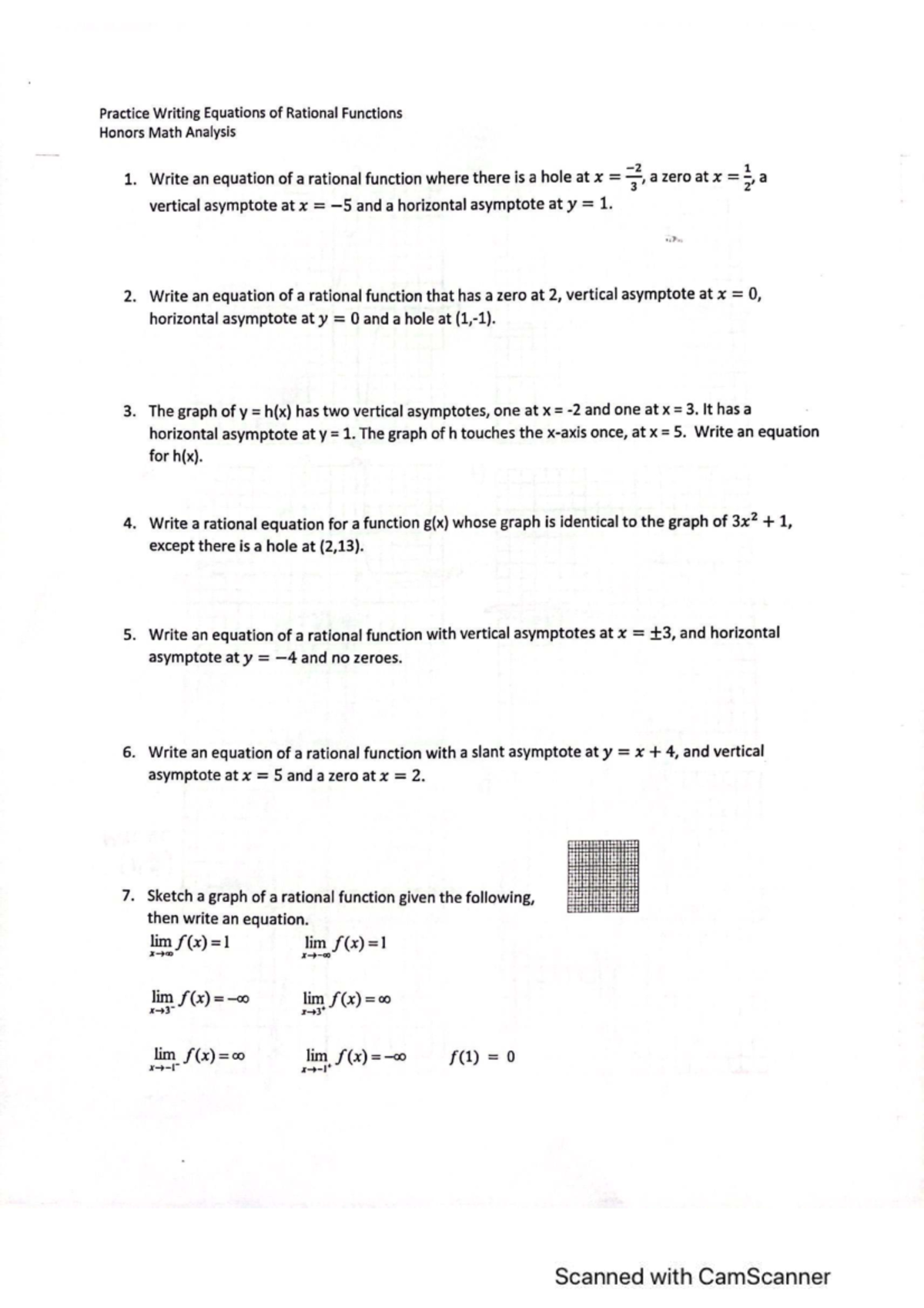 Practice Writing Equations of Rational Functions: Honors Math Analysis ...
