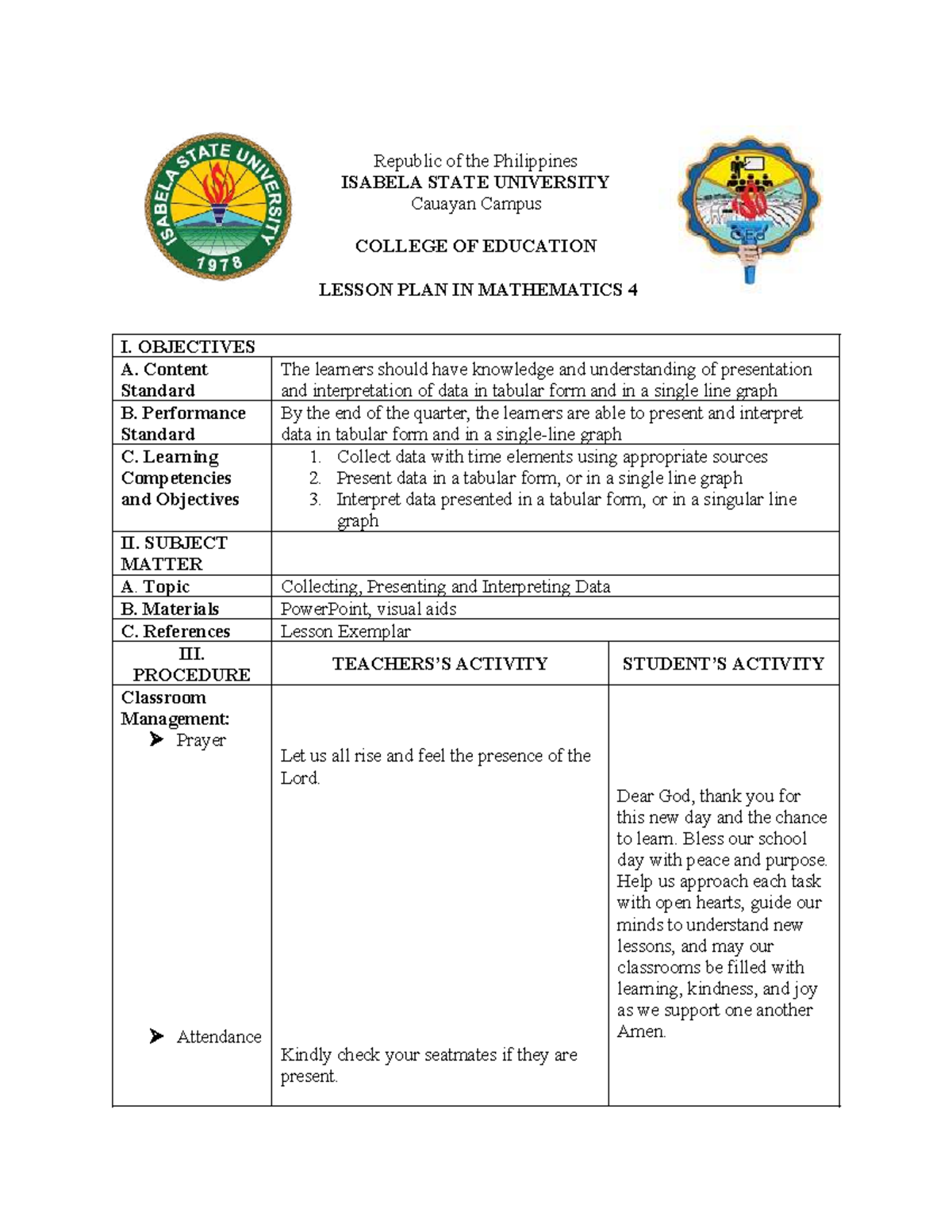 LP M 2 - Lesson Plan on Data Presentation and Interpretation - Studocu