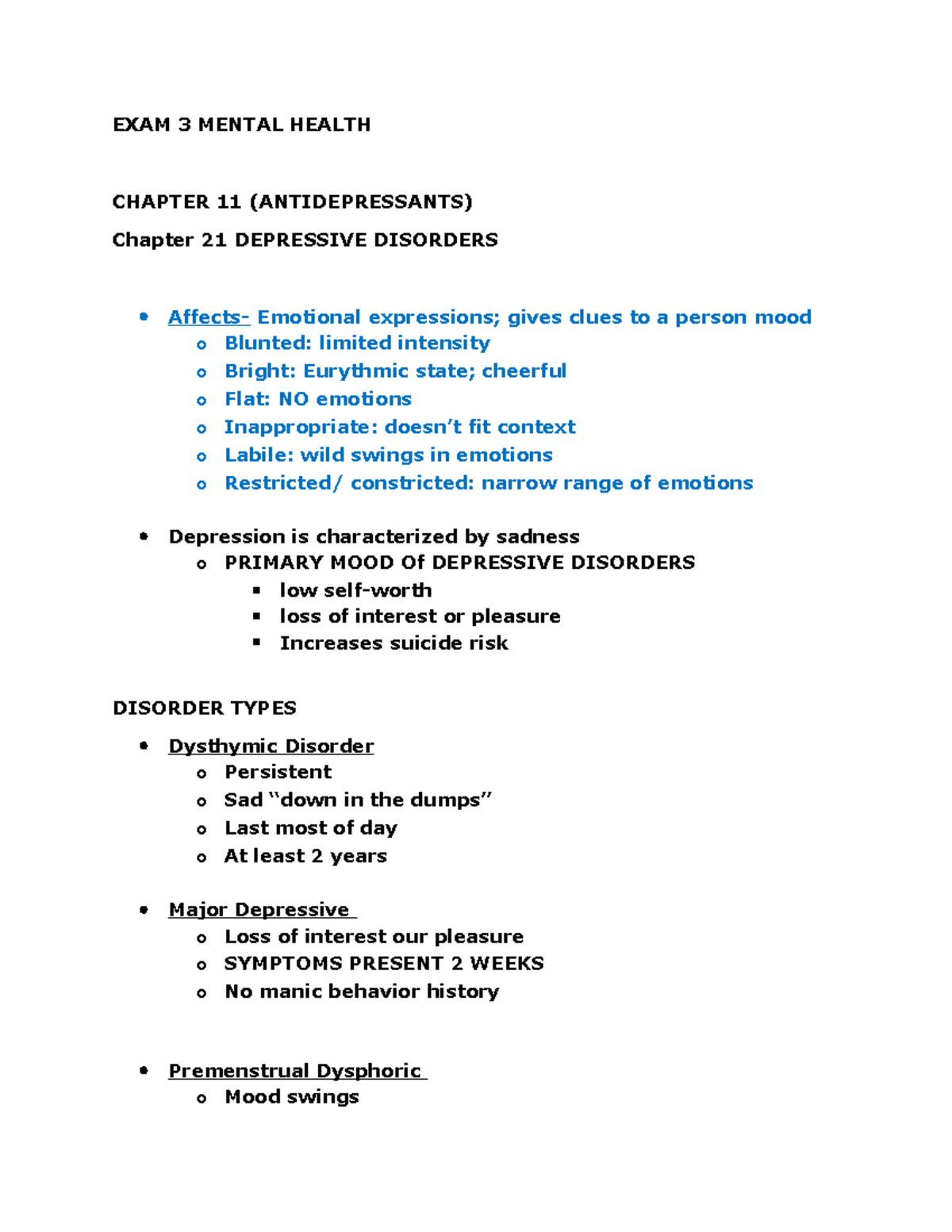 EXAM 3 KEY POINTS ON MENTAL HEALTH DISORDERS AND TREATMENTS - Studocu
