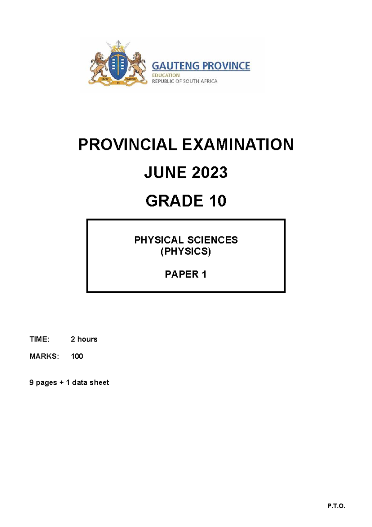 Gr 10 PHYSICS P1 Provincial Exam June 2023 - Question Paper - Studocu