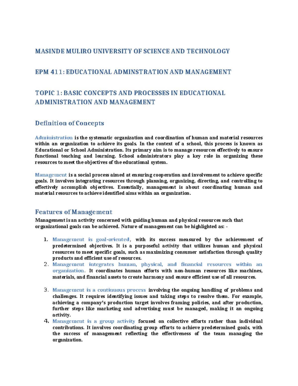 EPM 411: Educational Administration & Management - Key Concepts and ...