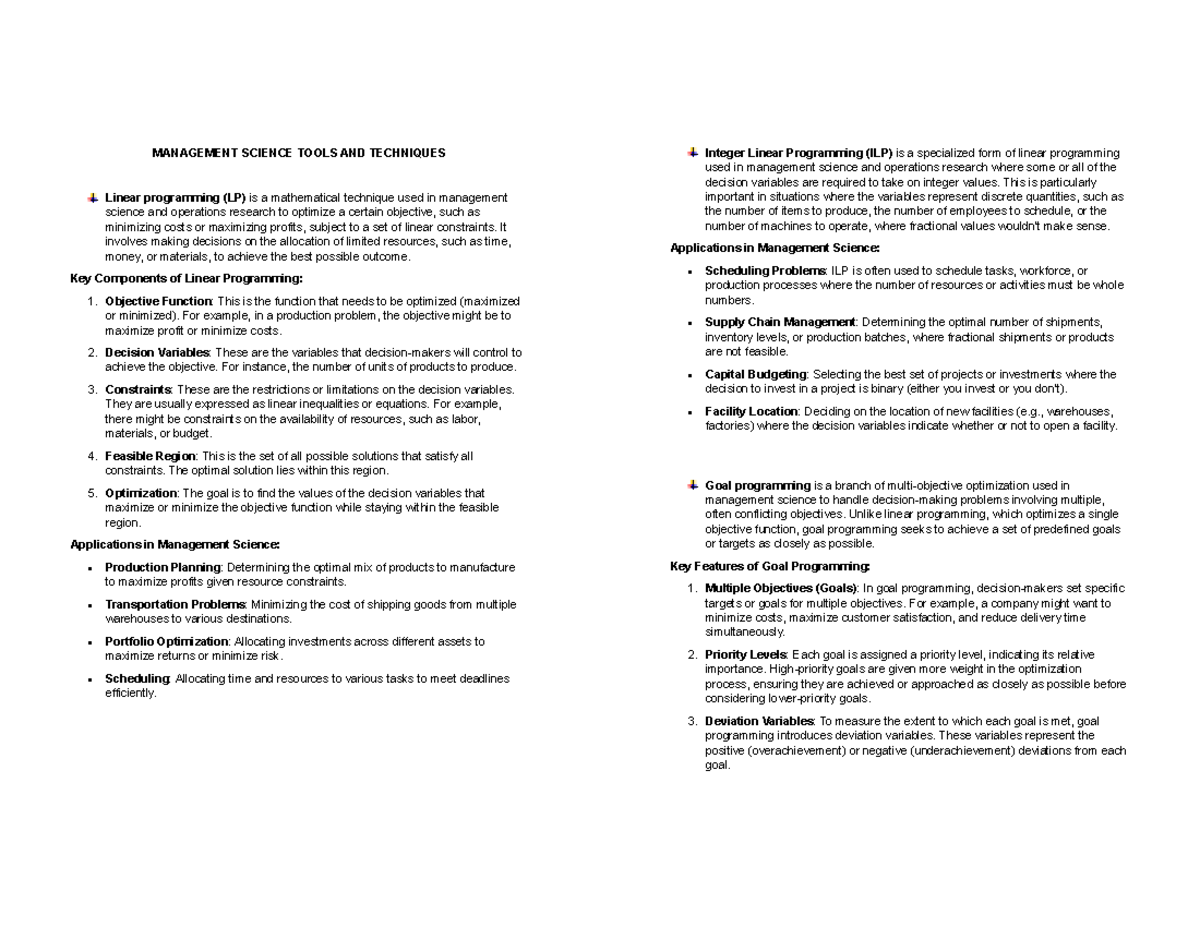 Final Exam - Management Science Tools and Techniques (Man Sci) - Studocu