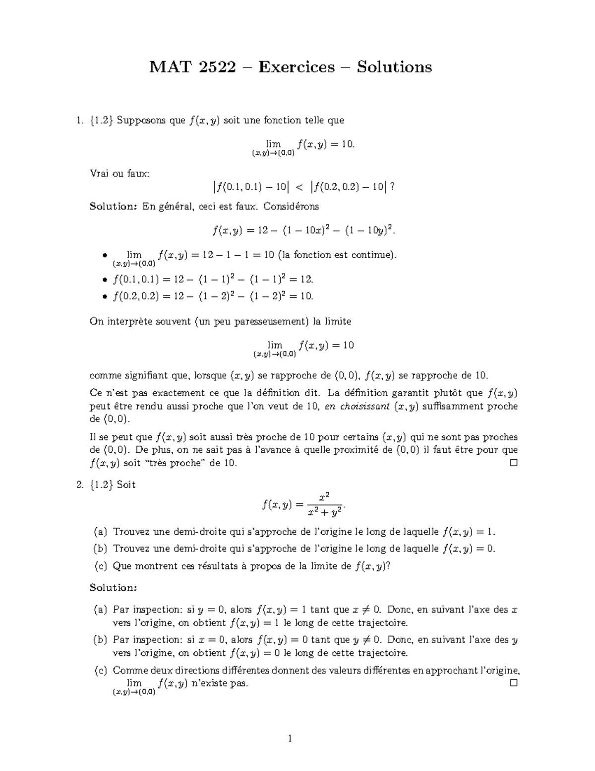MAT 2522 Exercice Solutions 1: Limites et Continuité - Studocu