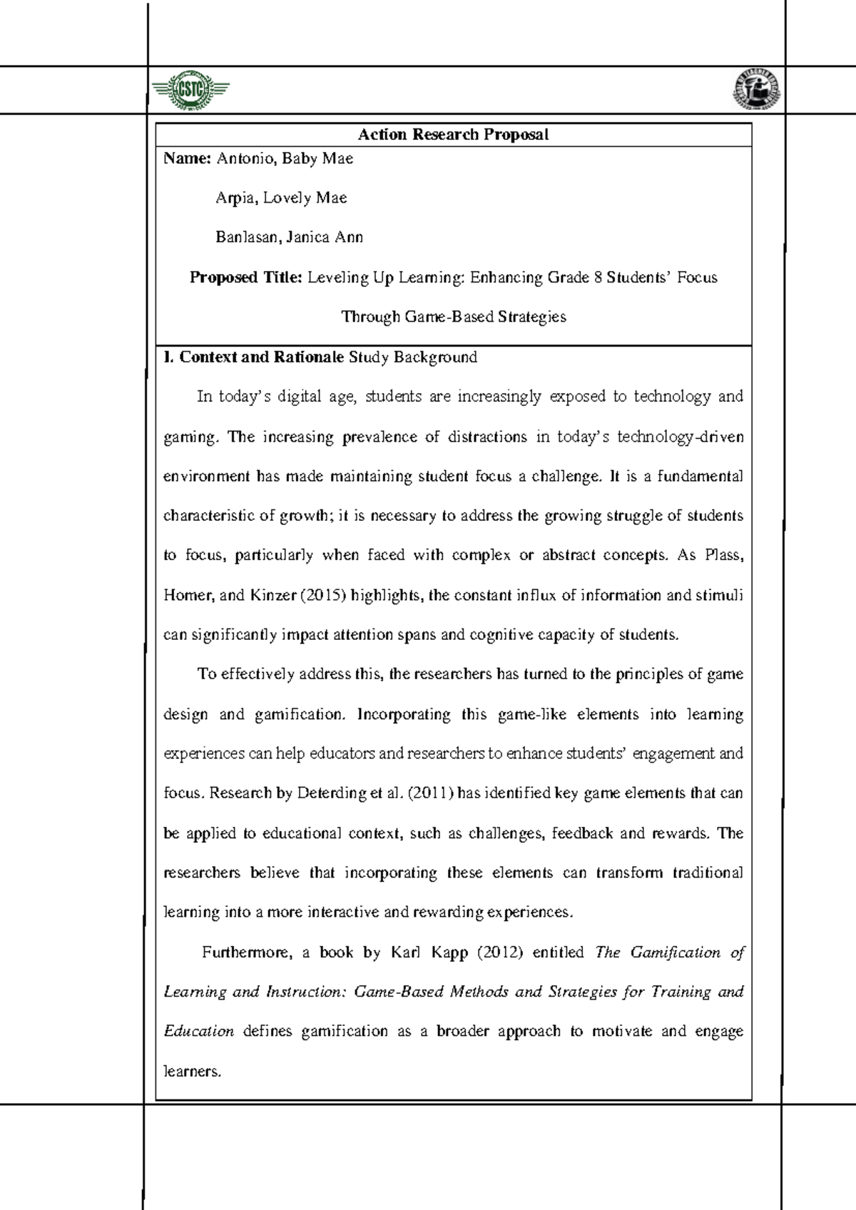 Action Research Proposal Leveling Up Learning - Action Research ...