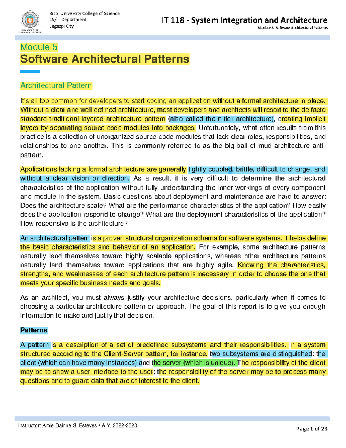 IT 118 - Module 5: Software Architectural Patterns Overview and ...