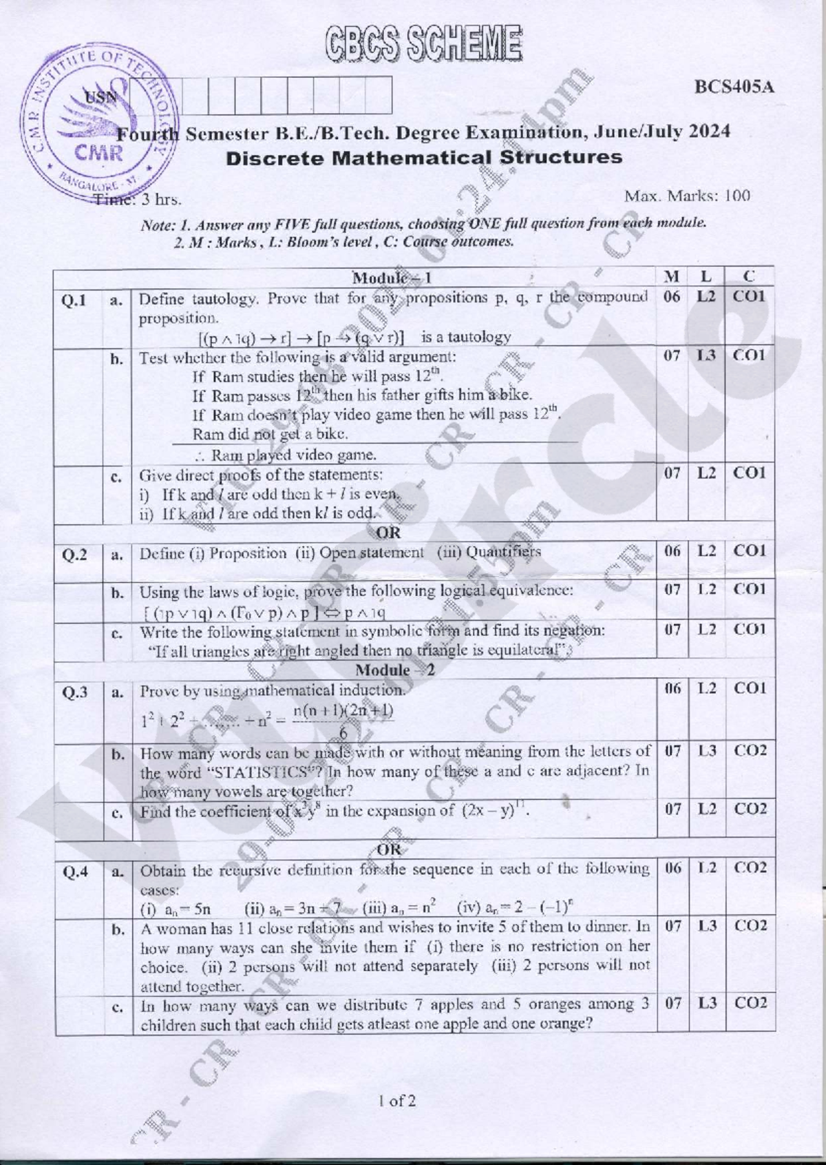 BCS405A Discrete Mathematical Structures Exam Notes - June/July 2024 ...