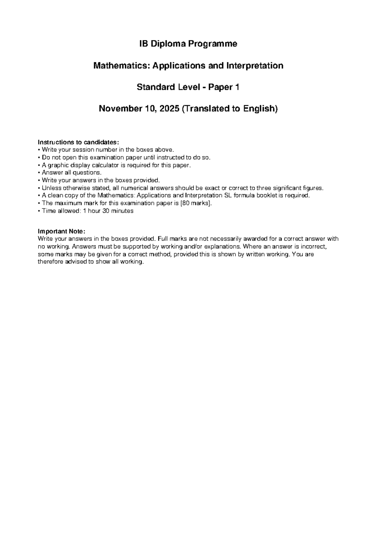 IB Math: Applications & Interpretation SL Paper 1 Nov 2025 - Studocu