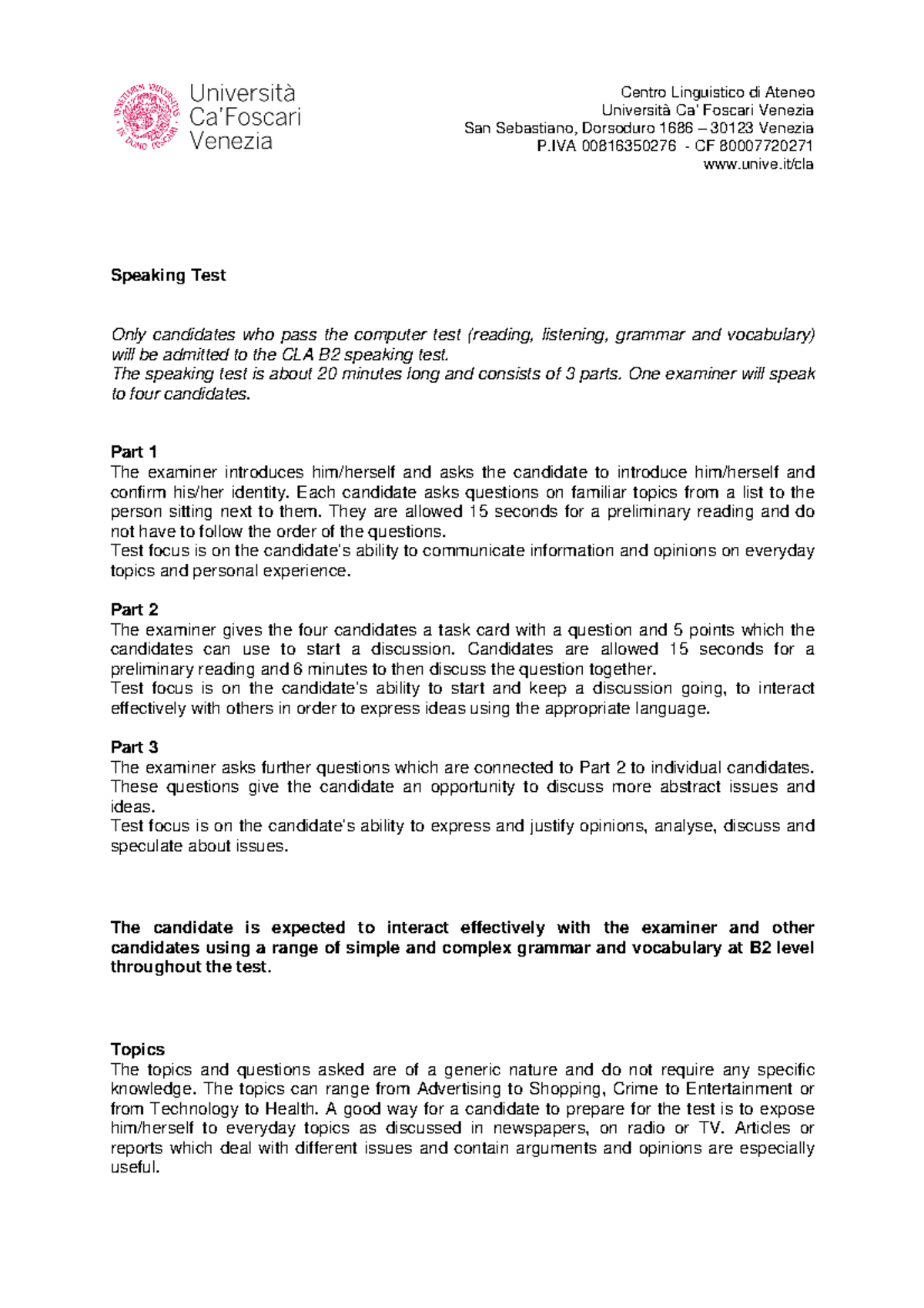 B2 Speaking Test Guidelines - CLAB2 Exam Overview and Tips - Studocu