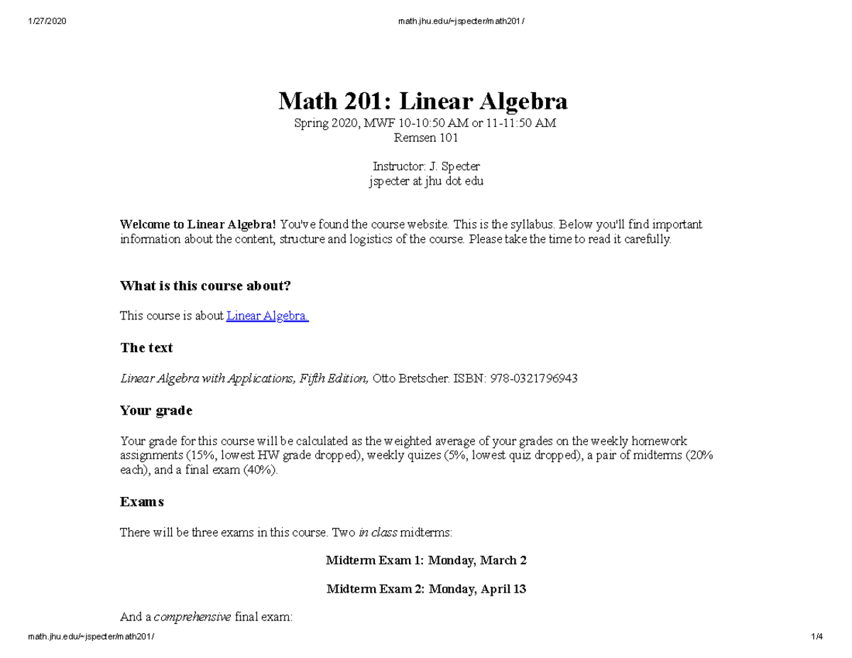 Math 201: Linear Algebra Spring 2020 - Course Syllabus & Exams - Studocu