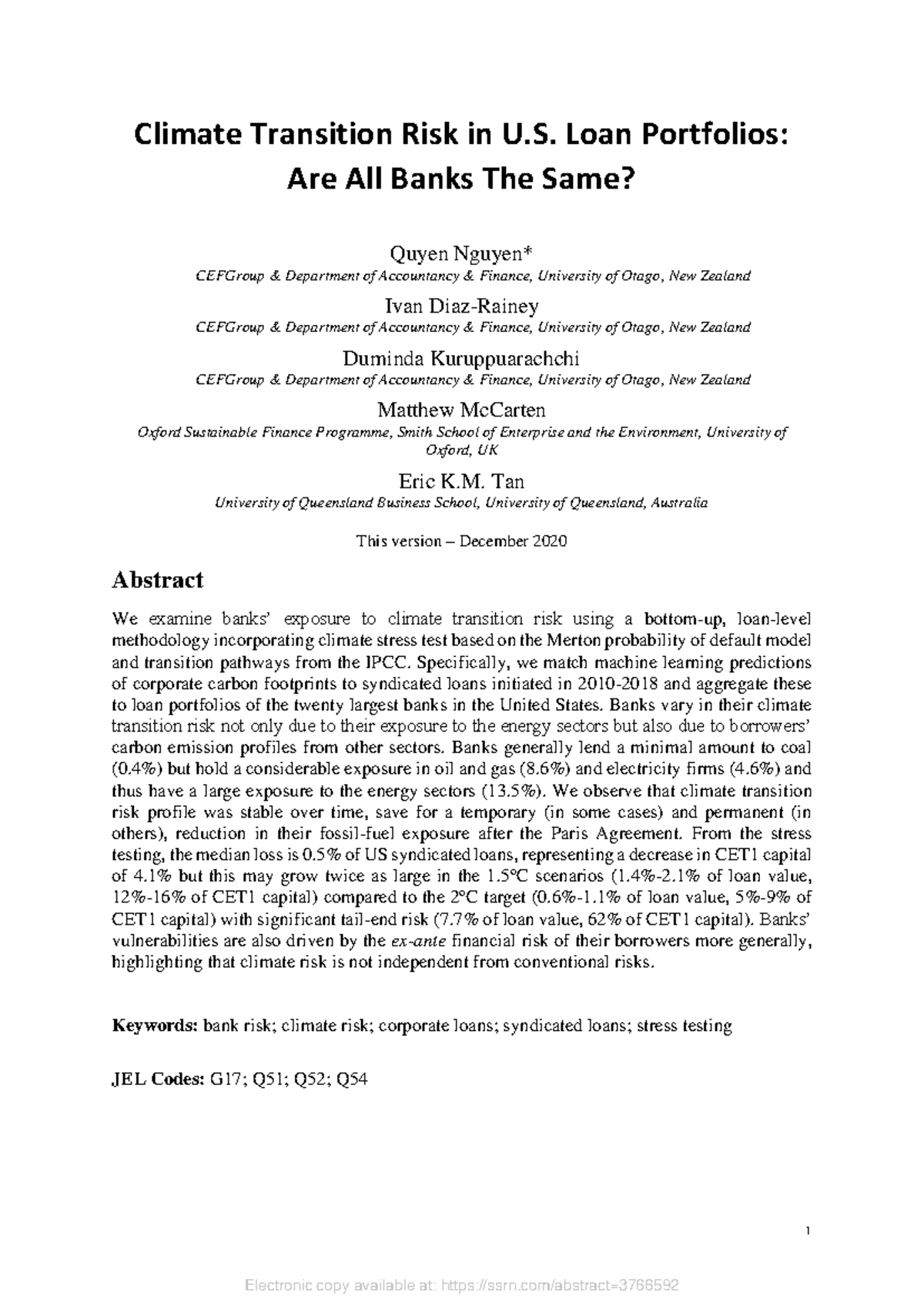 Climate Transition Risk in U.S. Loan Portfolios: A Comparative Analysis ...