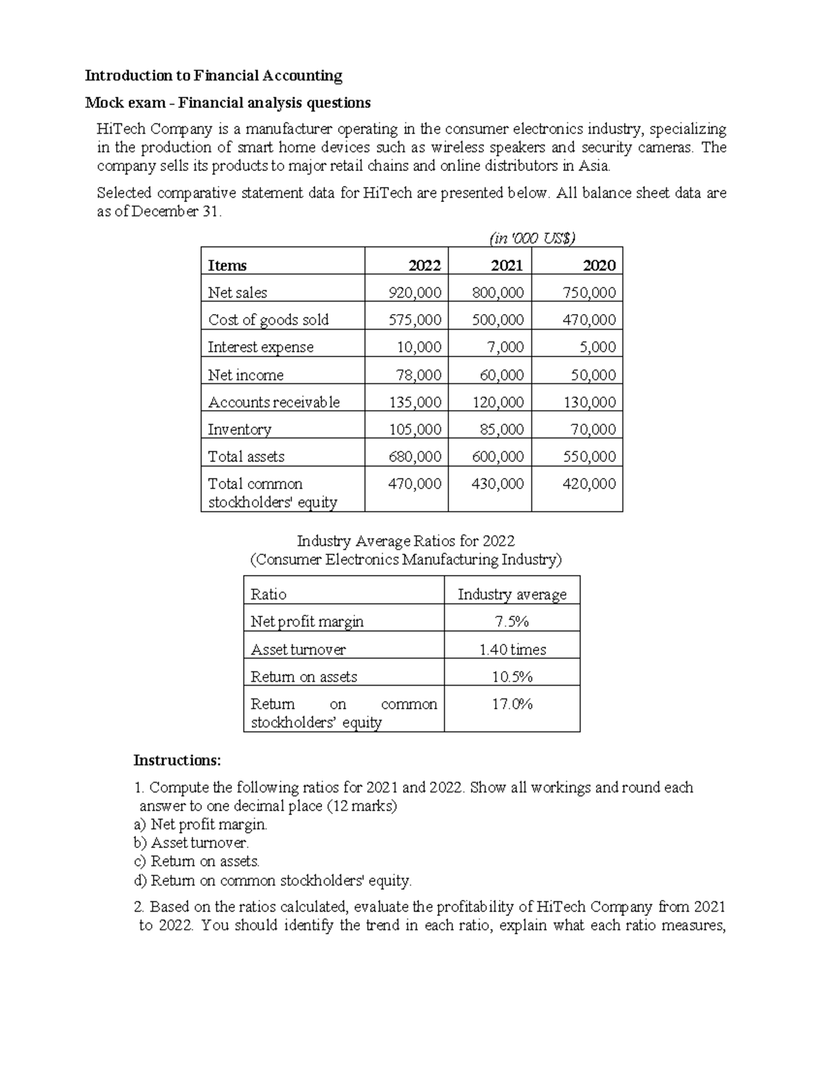 Mock Final Exam: Financial Analysis Questions for ACCT 101 - Studocu