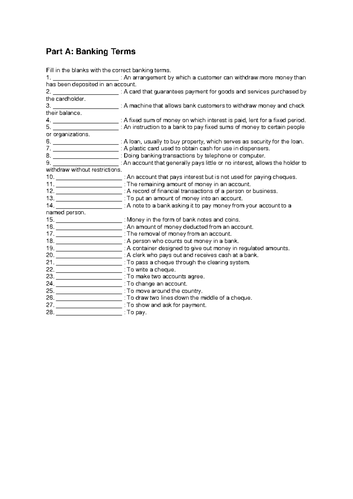 Unit 10: Banking Terms and Financial Vocabulary Fill-in-the-Blanks ...