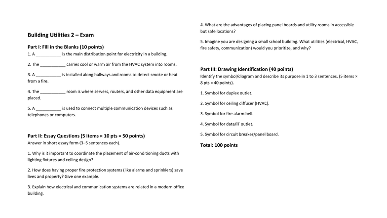 BU2 Exam Part I: Building Utilities Fill in the Blanks & Essay ...