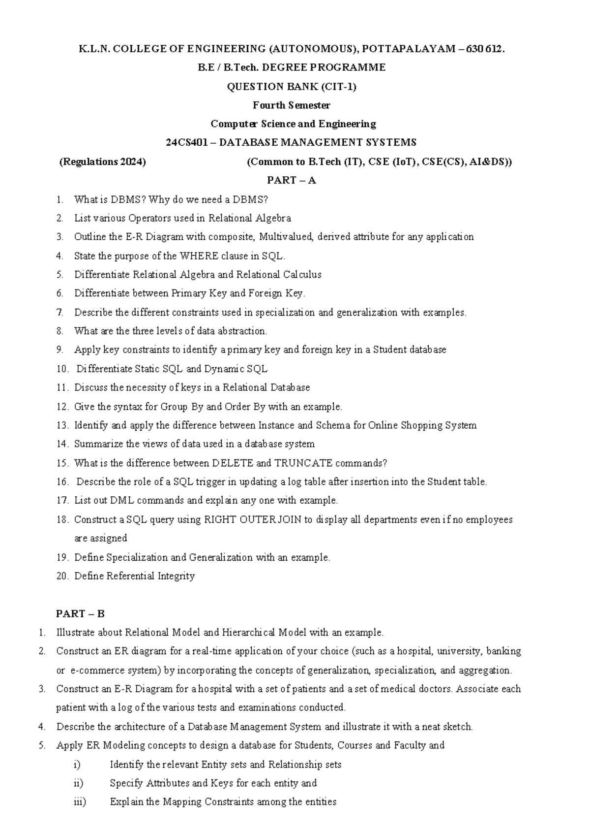CIT-1 Question Bank: DBMS for 4th Sem CSE (Reg 2024) - Studocu