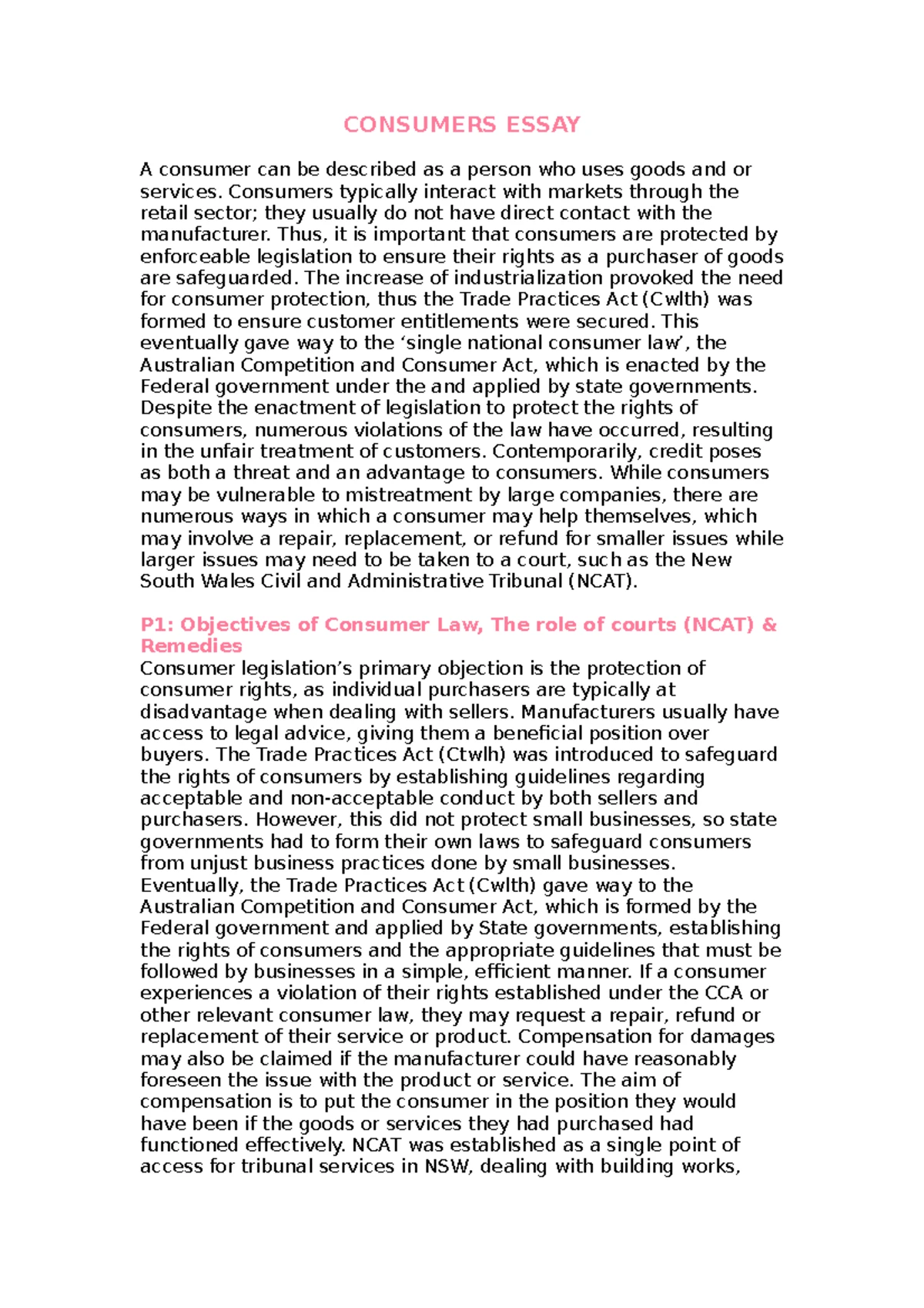 Consumer Rights Law Essay - LL5007 Consumer Rights Law Assessment 2 ...