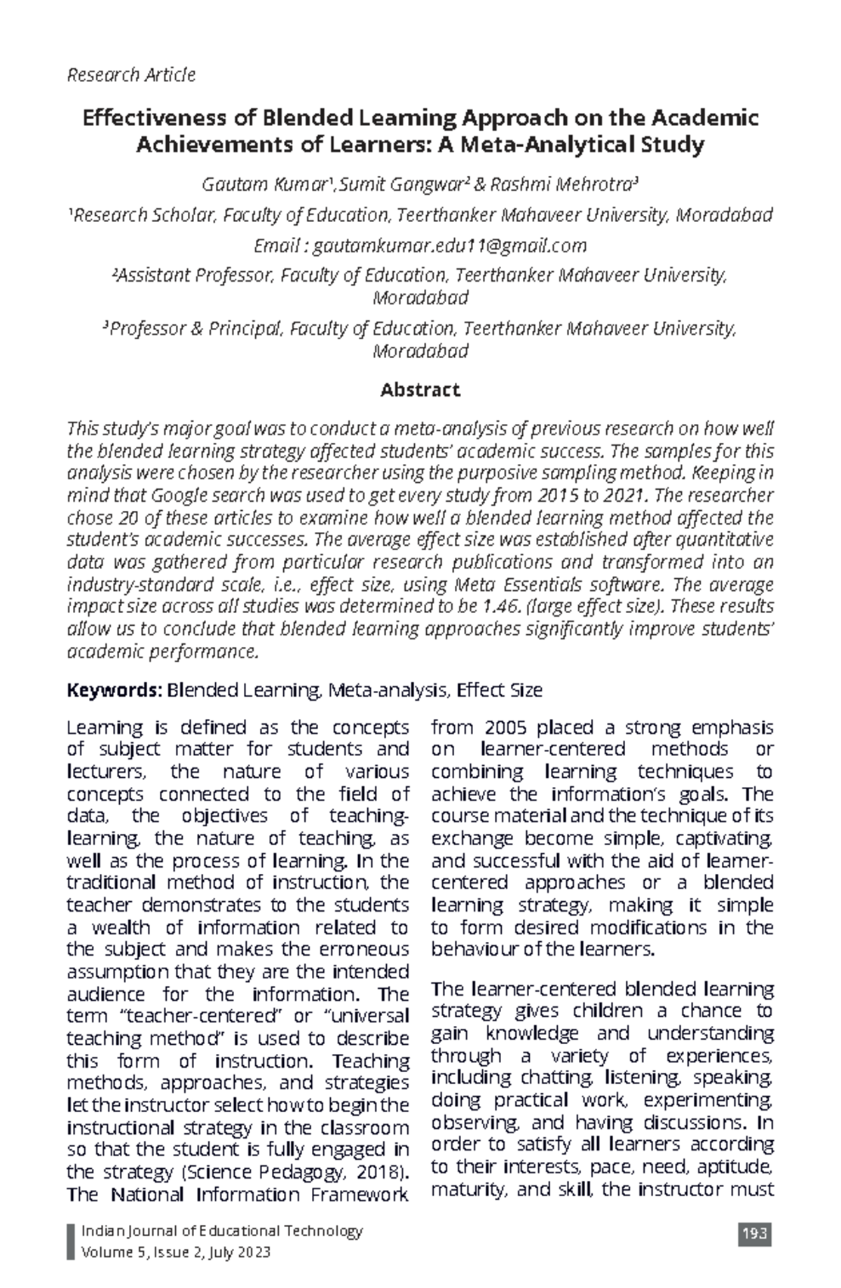Effectiveness of Blended Learning on Academic Achievement: A Meta ...