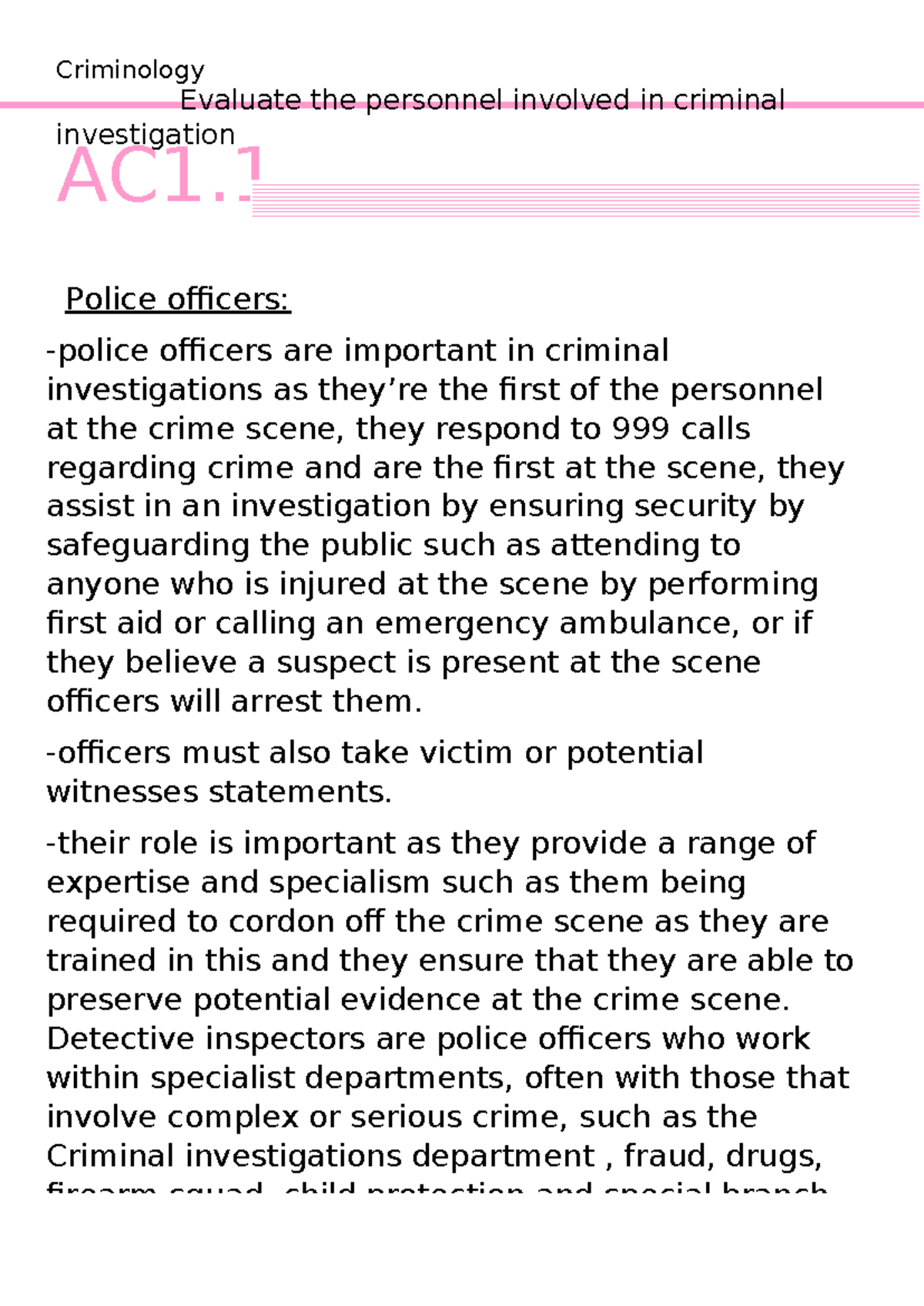 AC1.1 Criminology: Roles of Personnel in Criminal Investigations - Studocu