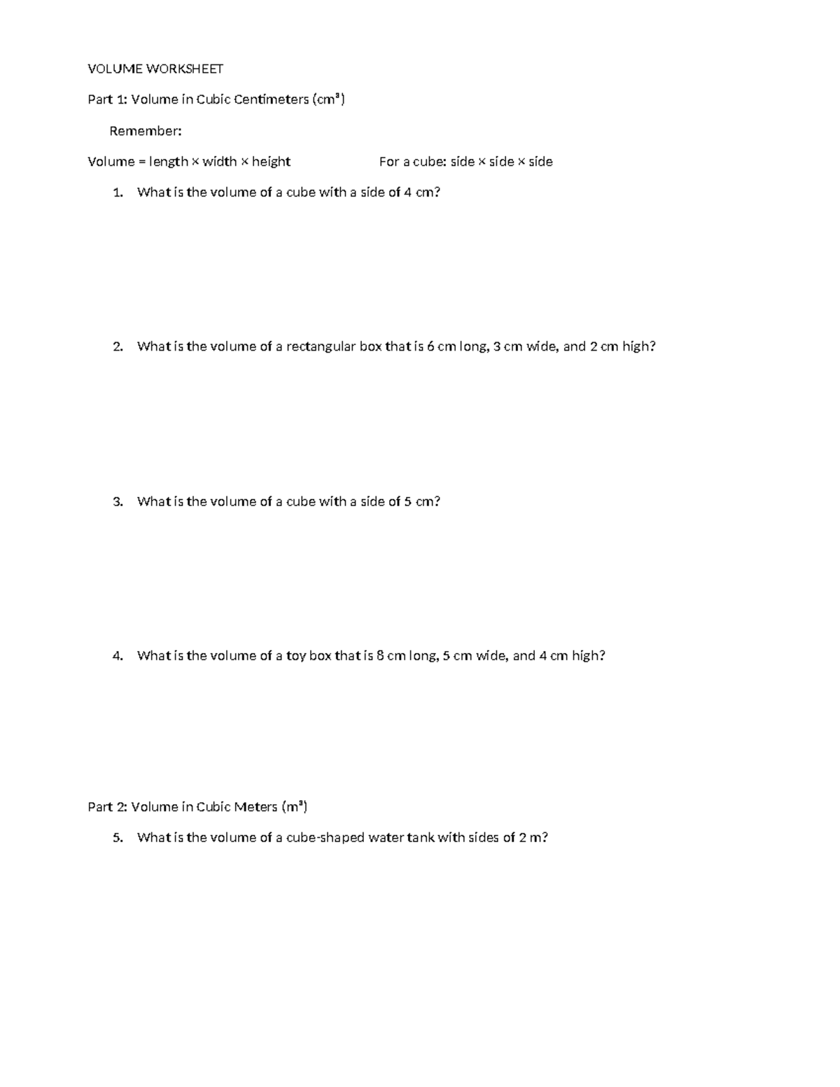 Quimica - VOLUME WORKSHEET: Calculating Volume in cm³, m³, mL - Studocu