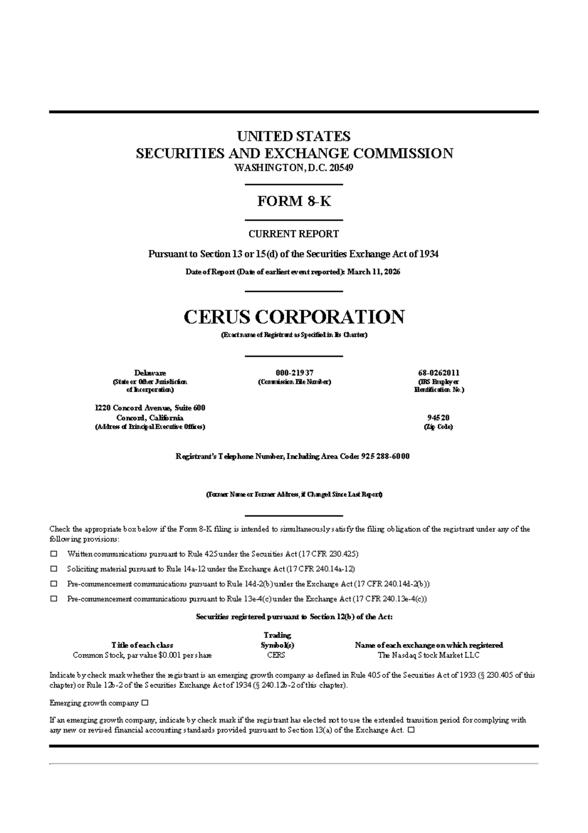 Cerus Corp 8-K Current Report - March 16, 2026 - Studocu