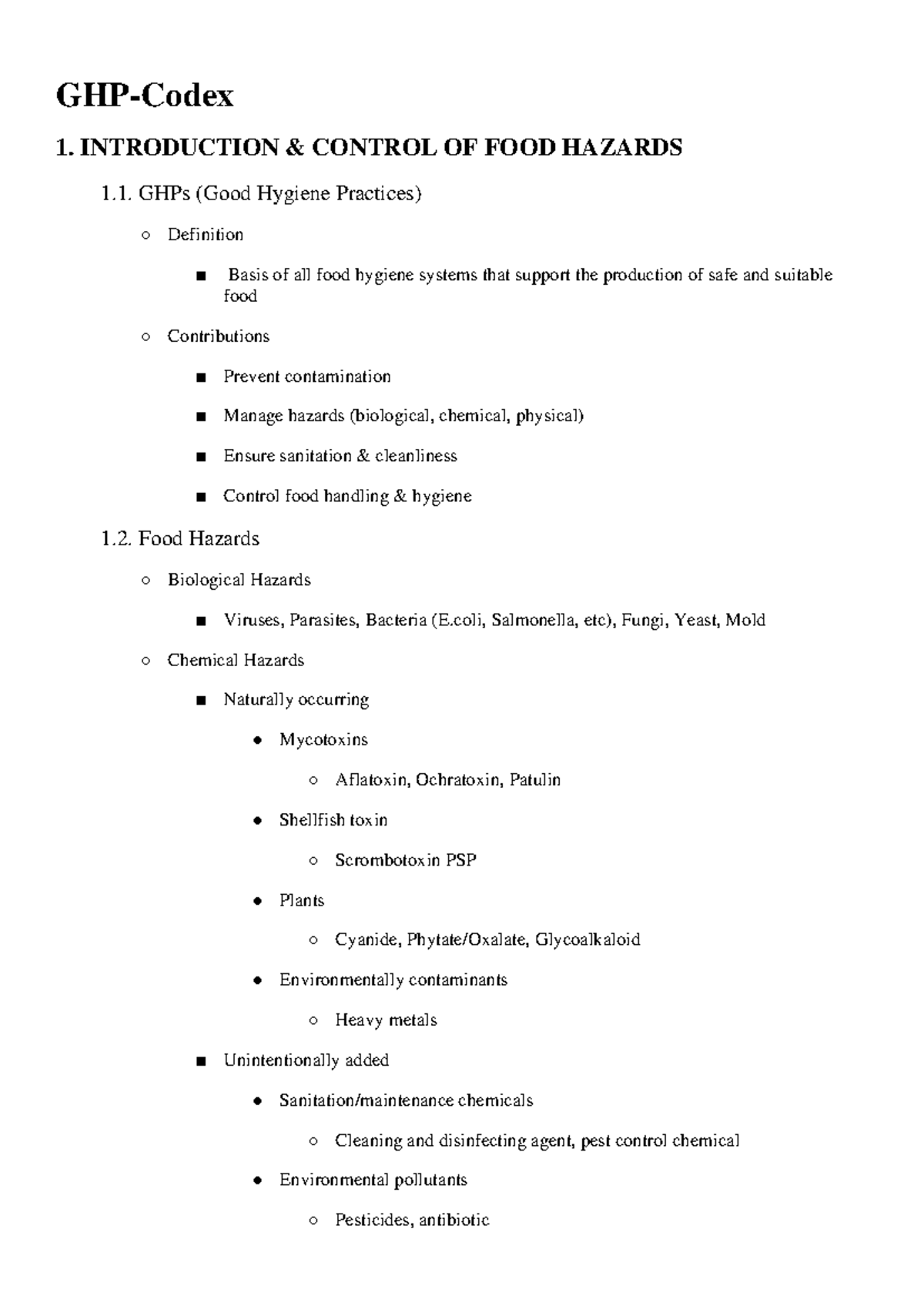 TP-Outline-GHP-Codex: Control of Food Hazards and Safety Practices ...