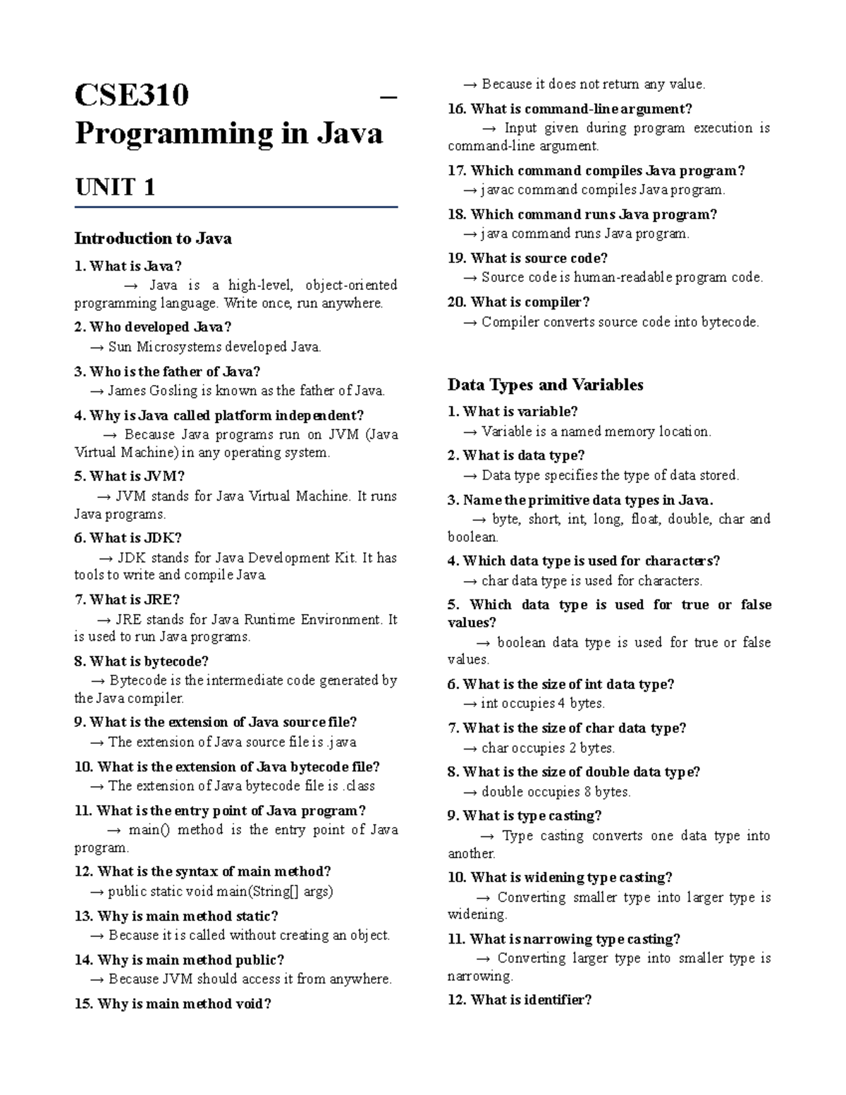 Java Viva Complete QA - CSE310 Programming in Java - Studocu