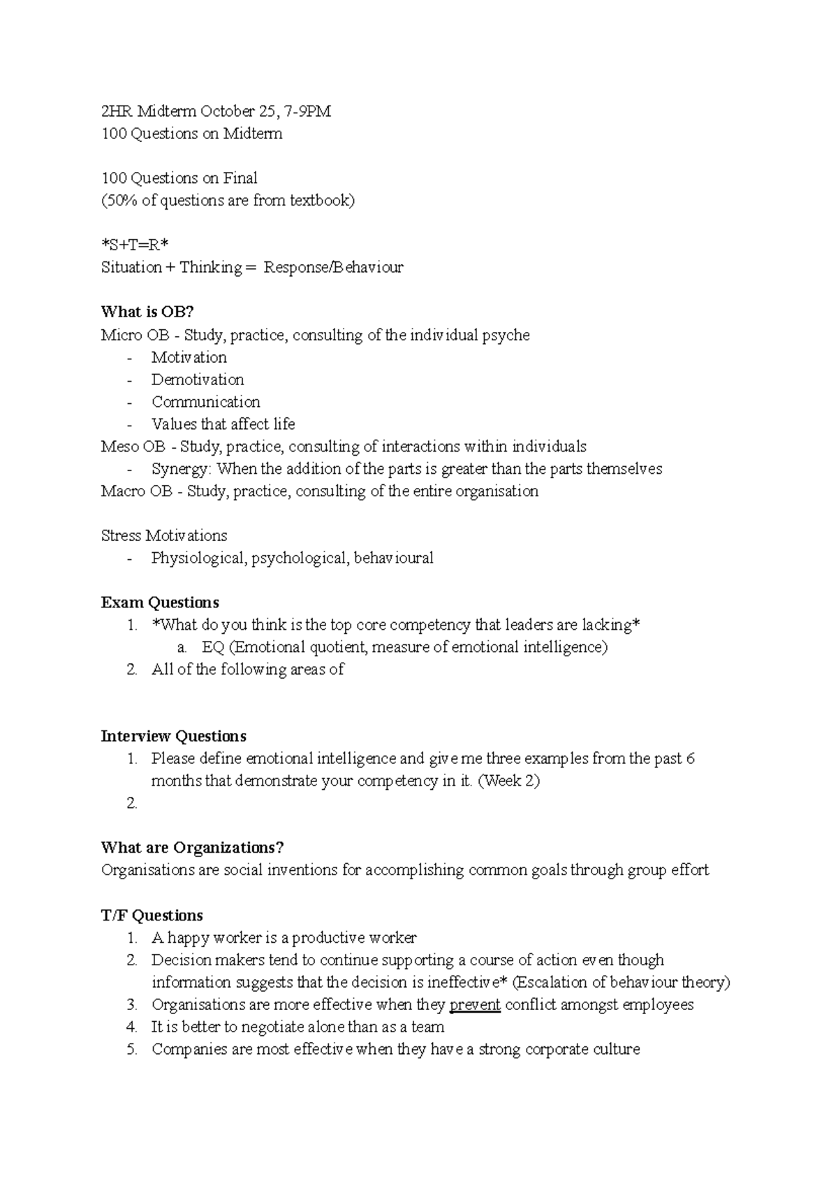 1BA3 Organizational Behaviour Midterm Study Guide - 100 Questions - Studocu