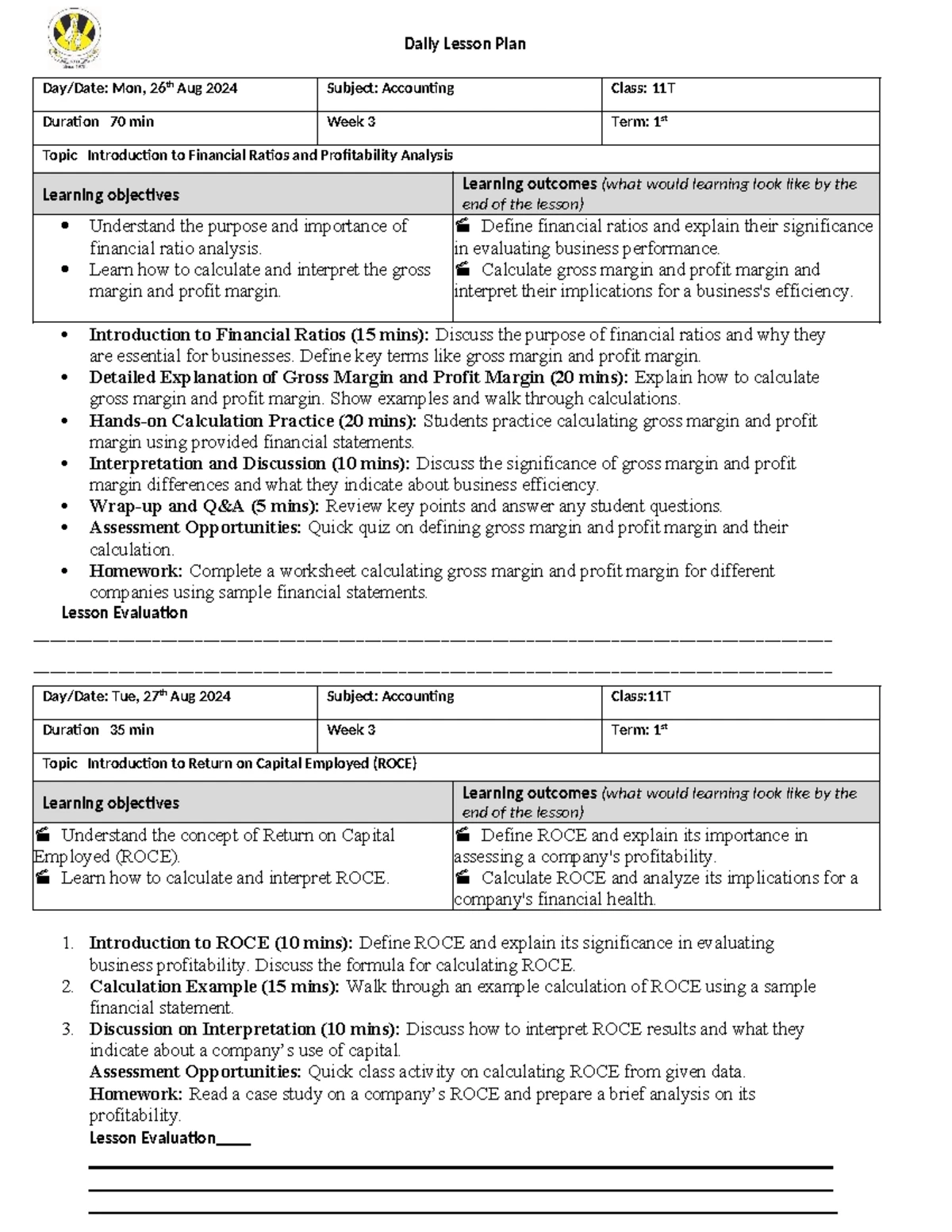 Daily Lesson Plans for Accounting 10T - Week 3 Term 1 - Studocu