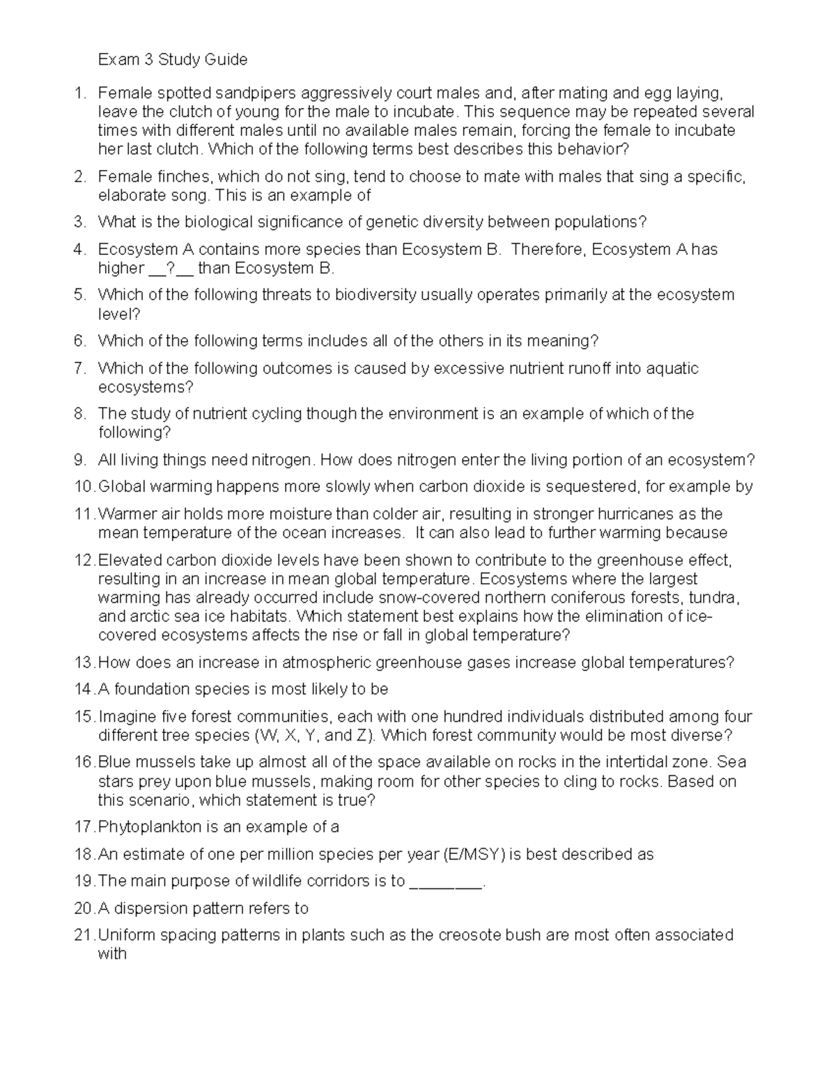 Biology 101 Exam 3 Study Guide: Key Concepts and Questions - Studocu