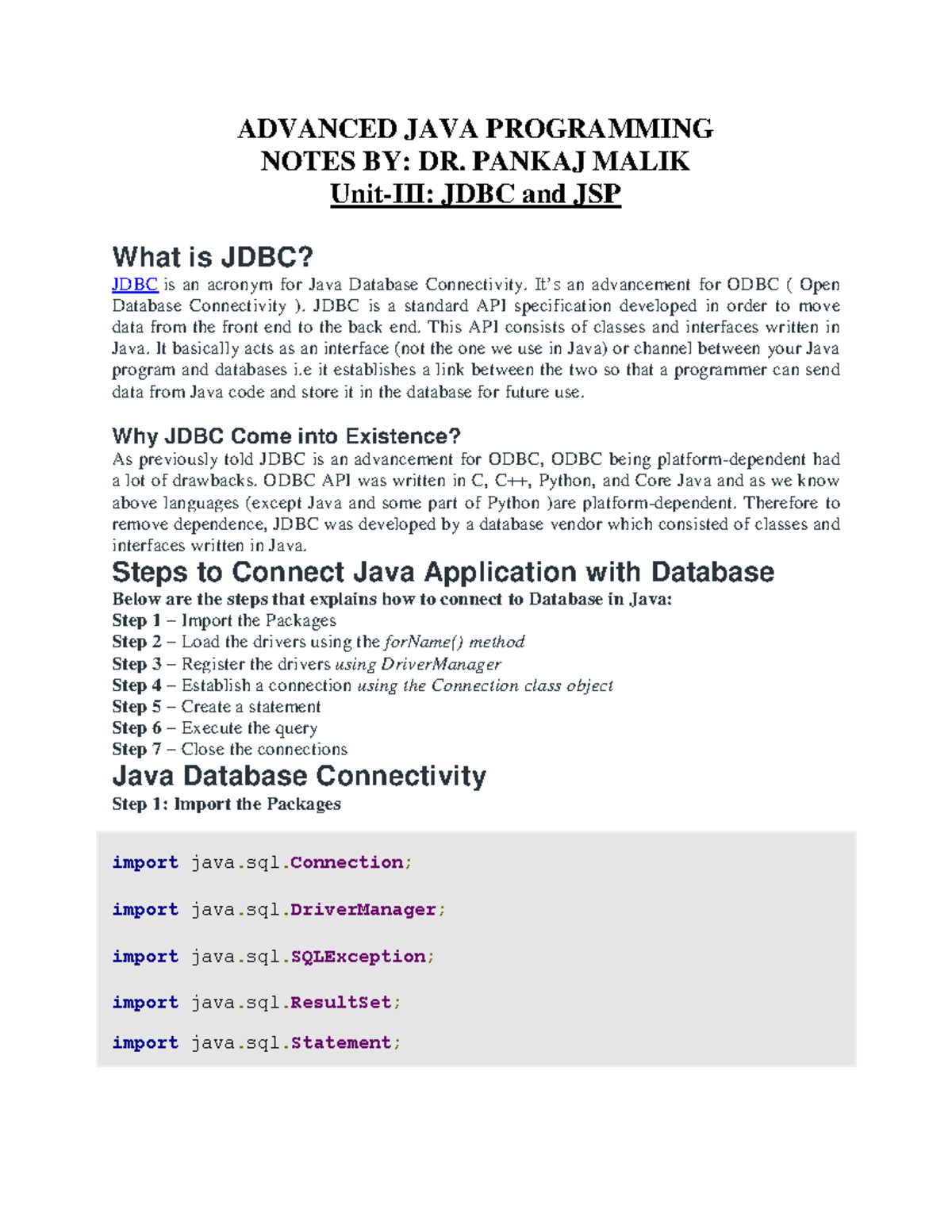AJP-Unit3: Advanced Java Programming Notes on JDBC & JSP - Studocu