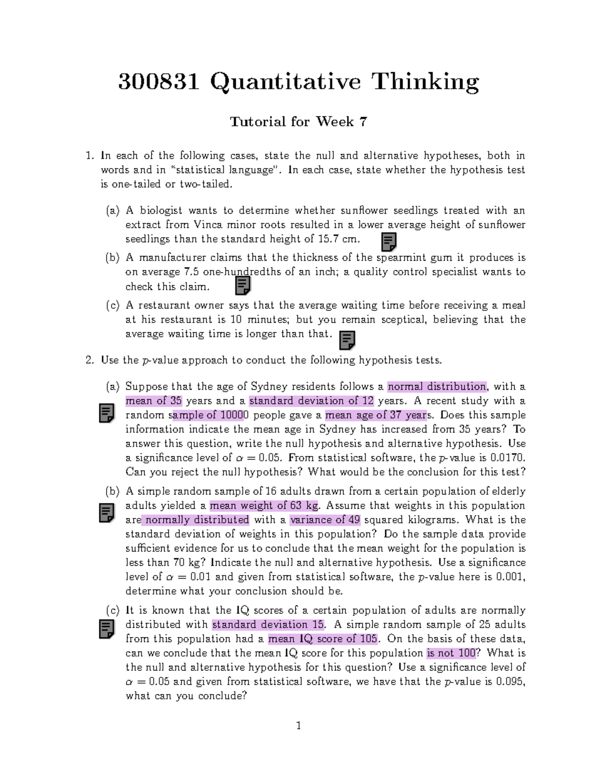 Week7 Tute Sheet S 21 - 300831 Quantitative Thinking Tutorial for Week ...