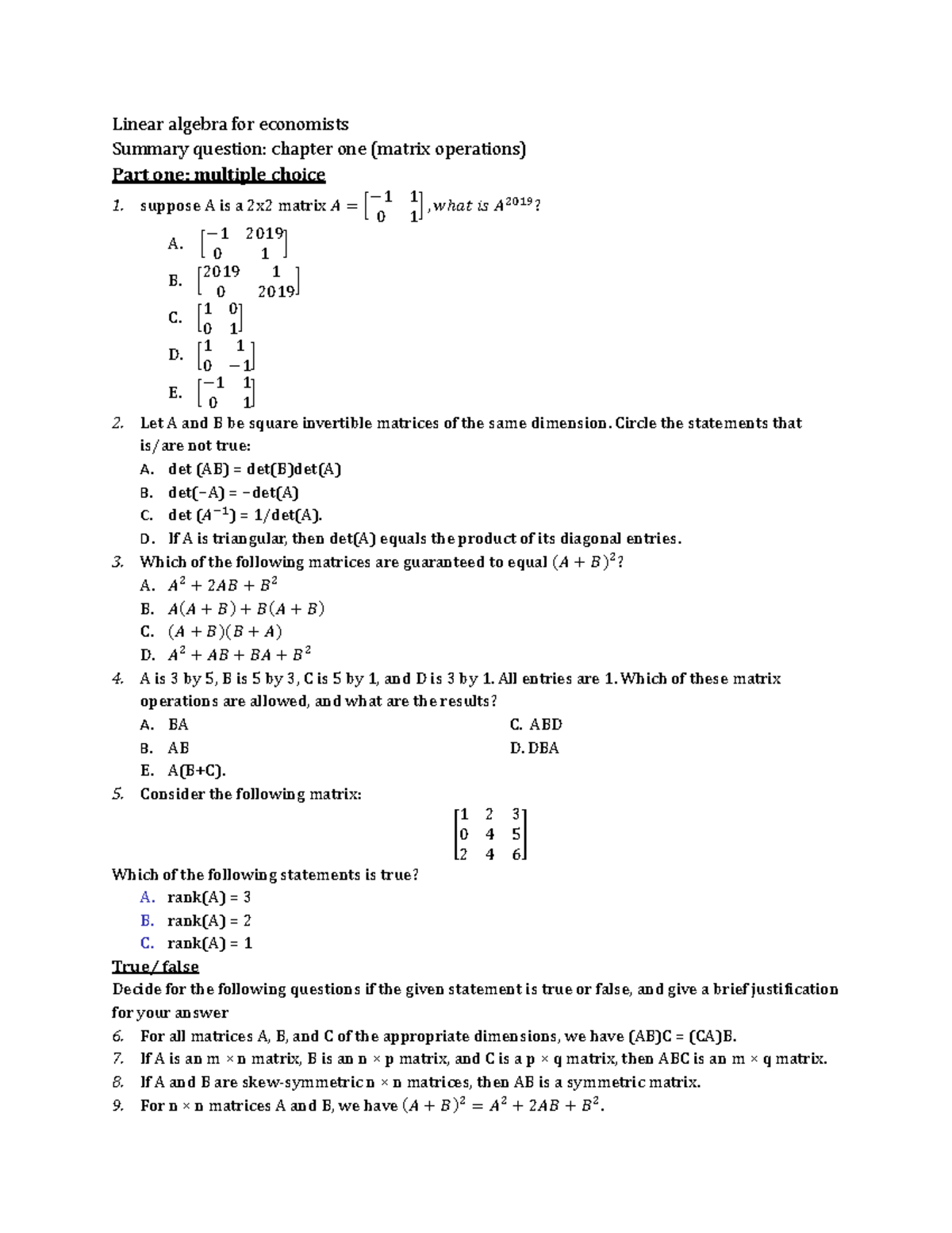 Linear Algebra for Economists: Worksheet Chapter 1 Summary - Studocu
